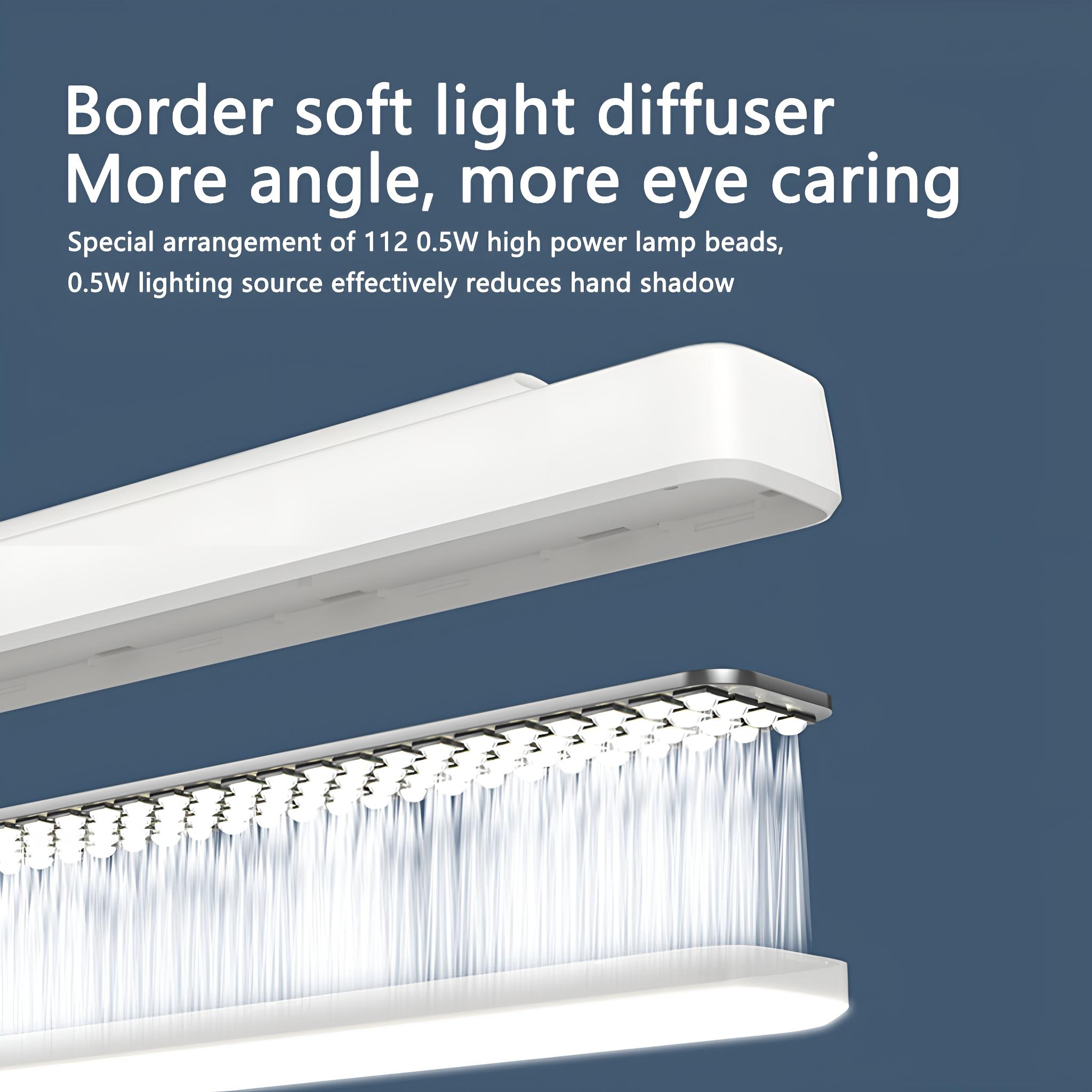 Nahaufnahme einer weißen Leuchte mit einer Reihe von LED-Leuchten. Text: 'Border Soft Light Diffusor'.