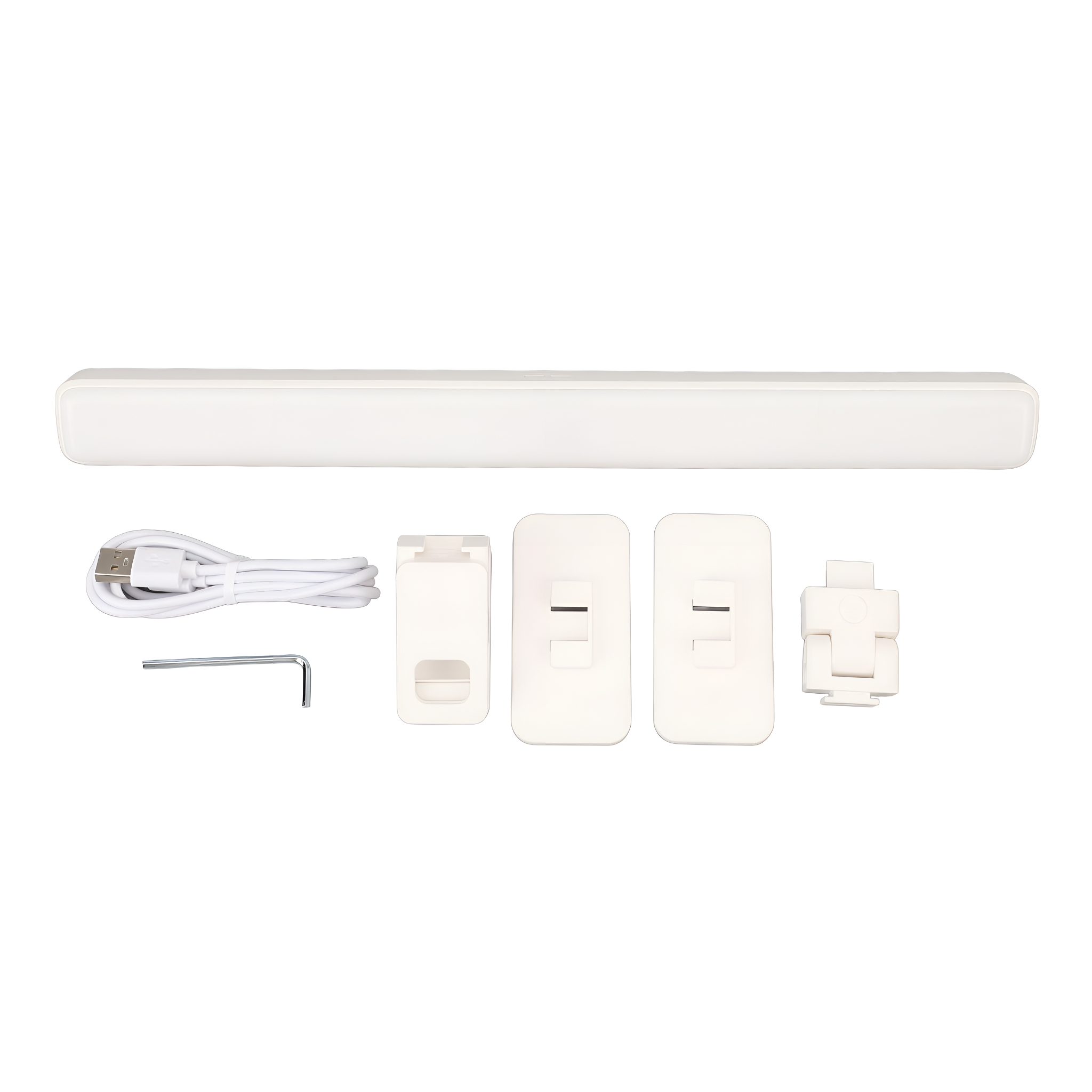 Eine weiße LED-Lichtleiste mit USB-Kabel und Montagezubehör.