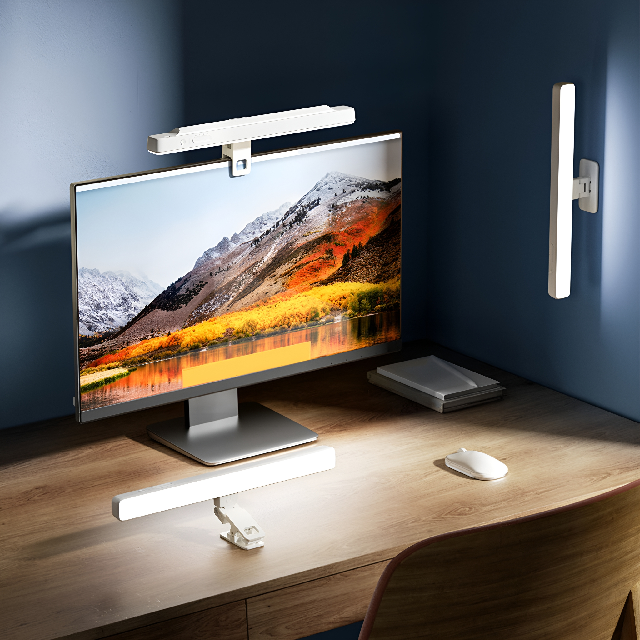 Ein Schreibtisch mit Monitor und zwei Schreibtischlampen. Eine Lampe ist am Monitor befestigt. Maus und Notizblock.