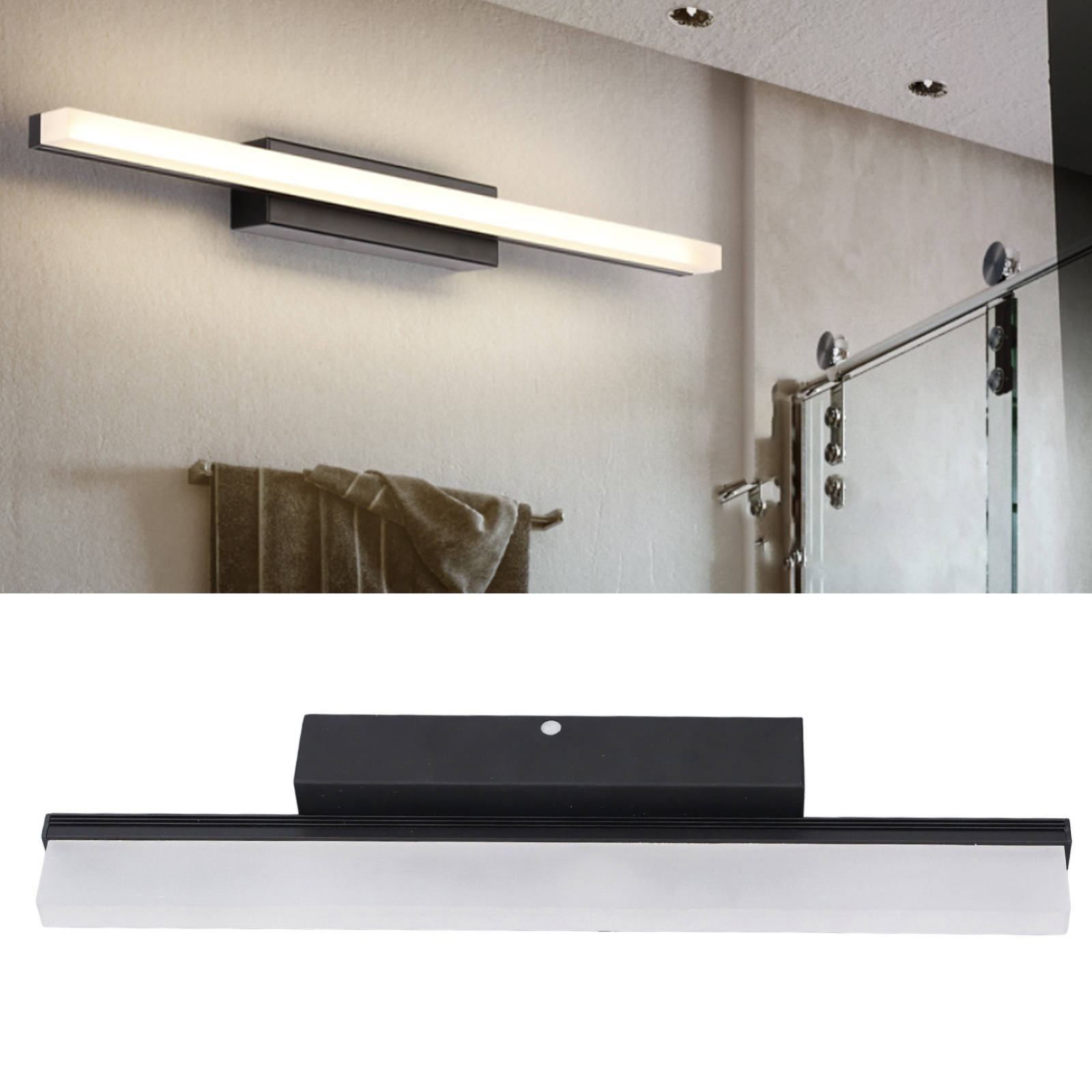 Zwei Ansichten einer schwarzen LED-Badezimmerleuchte. Eine oben montiert, die andere unten.