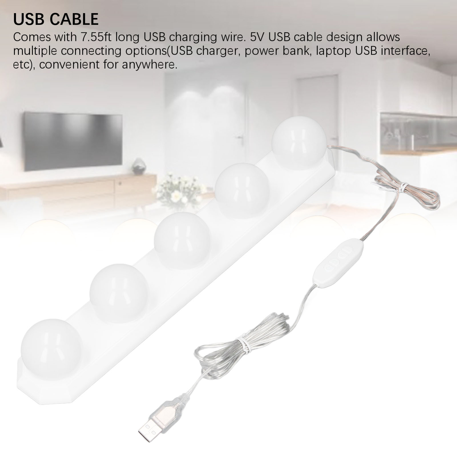 Weißer Lichtstreifen mit vier Glühbirnen. Ein USB-Kabel ist angebracht. Der Hintergrund hat eine weiße Wand und Leuchten.