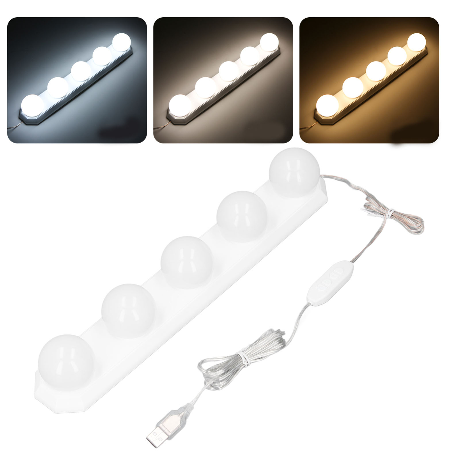 Eine weiße Schminklichtleiste mit mehreren Lichteinstellungen. Enthält ein USB-Kabel und einen Steuerschalter.