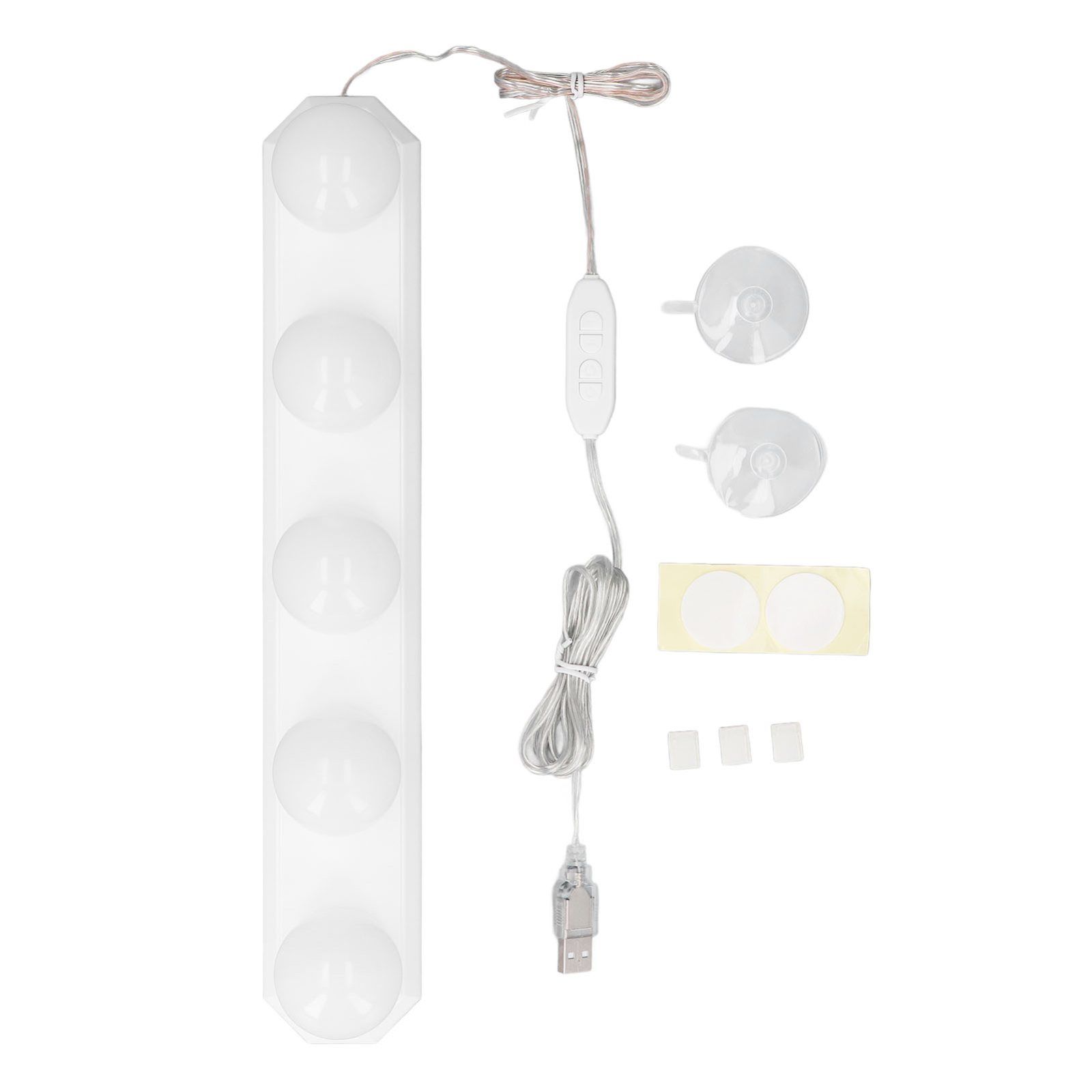 Weißer LED-Lichtstreifen mit fünf Glühbirnen, einem USB-Kabel und Montagezubehör.