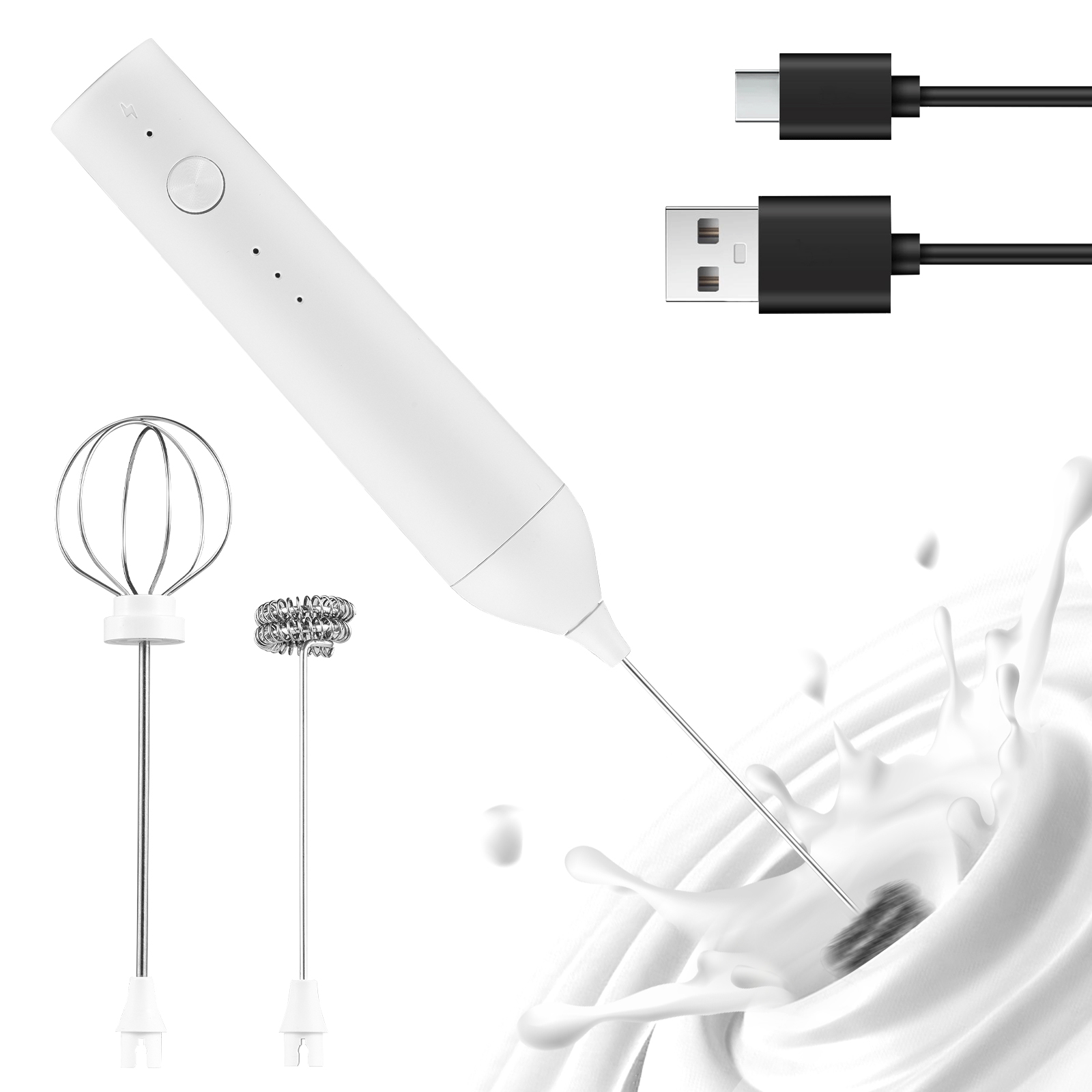 Weißer Milchaufschäumer mit drei Aufsätzen und zwei USB-Kabeln.