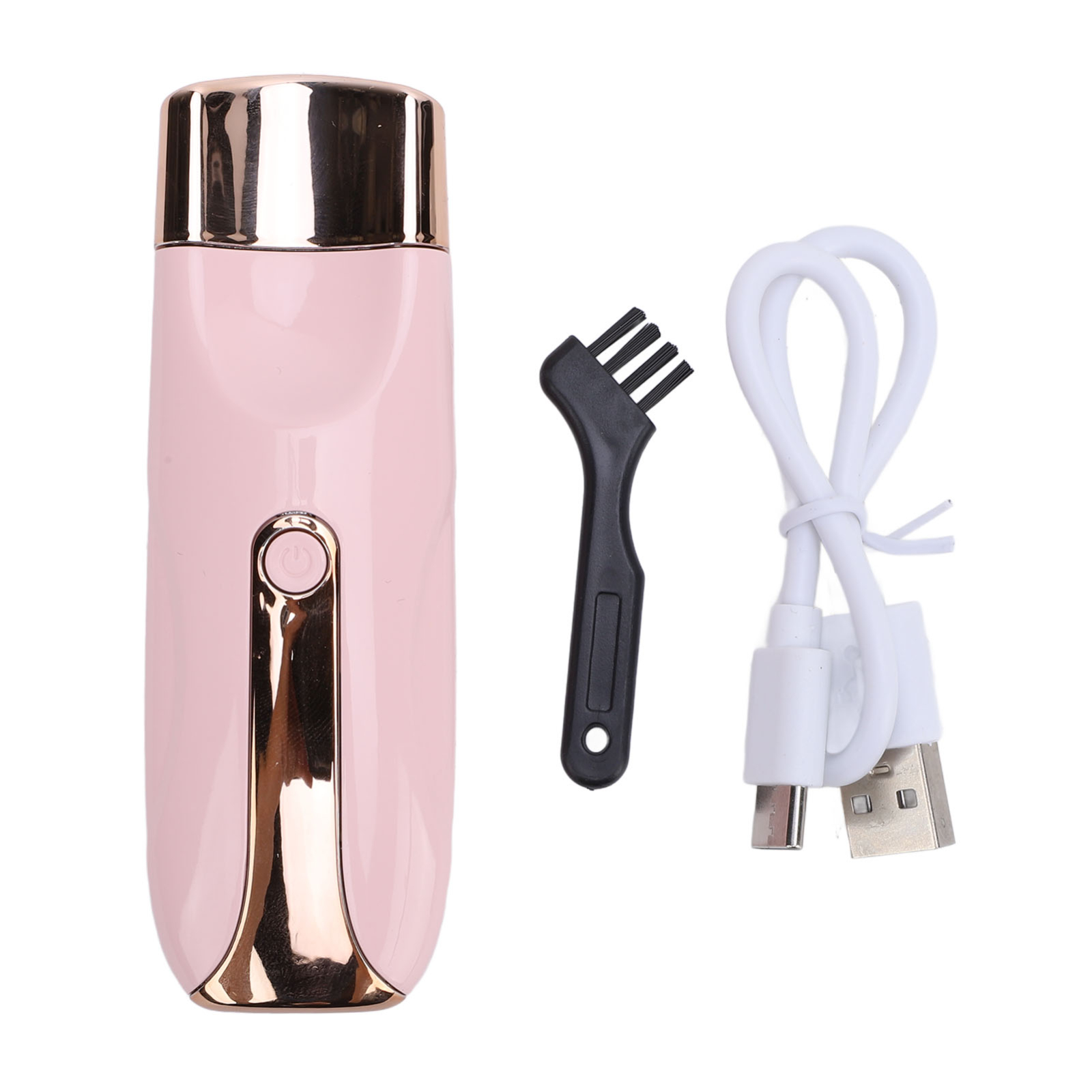 Pinker Elektrorasierer mit schwarzer Reinigungsbürste und weißem Ladekabel.