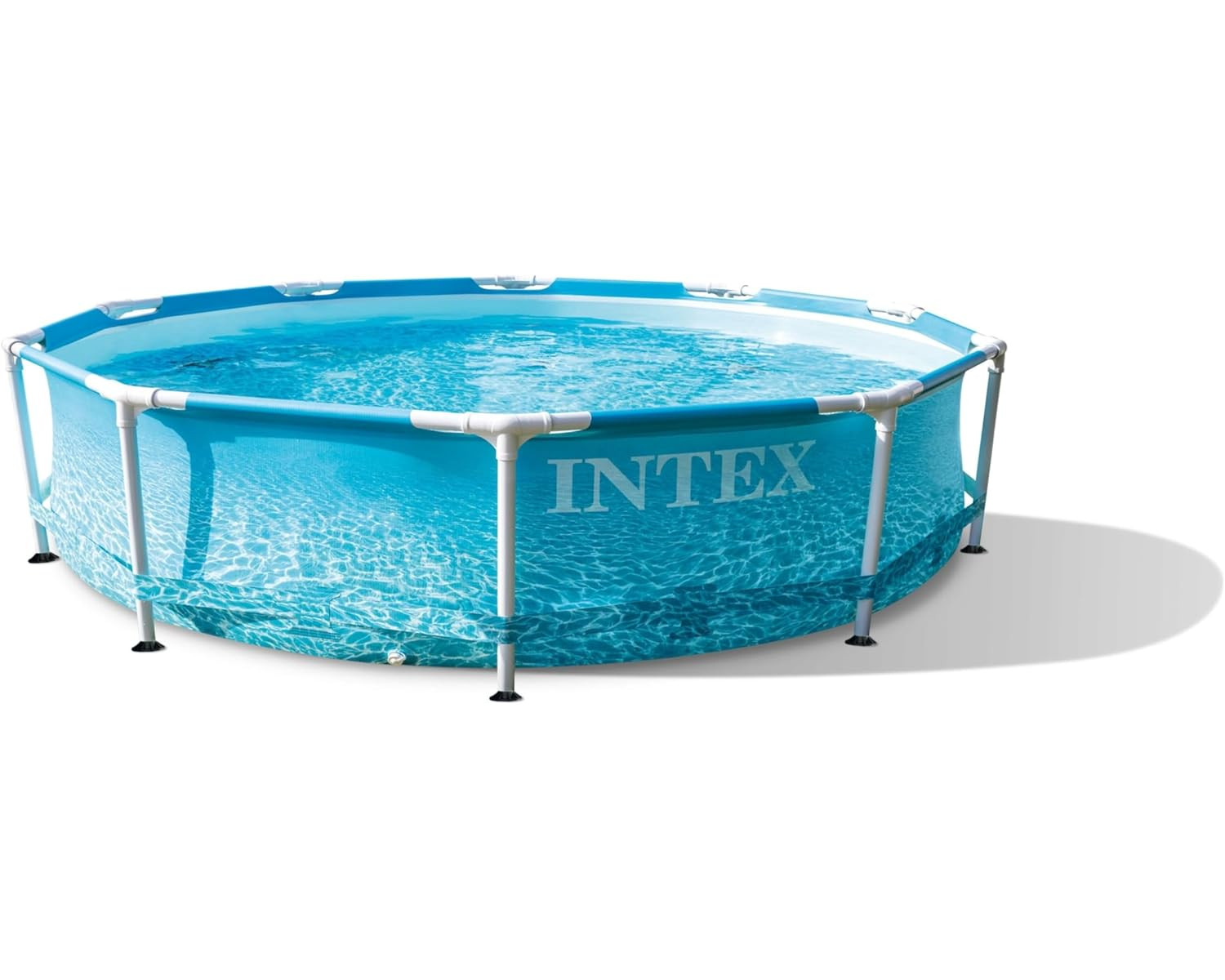 Blau gerahmter Intex-Swimmingpool auf weißem Hintergrund. Das Becken ist mit klarem Wasser gefüllt.