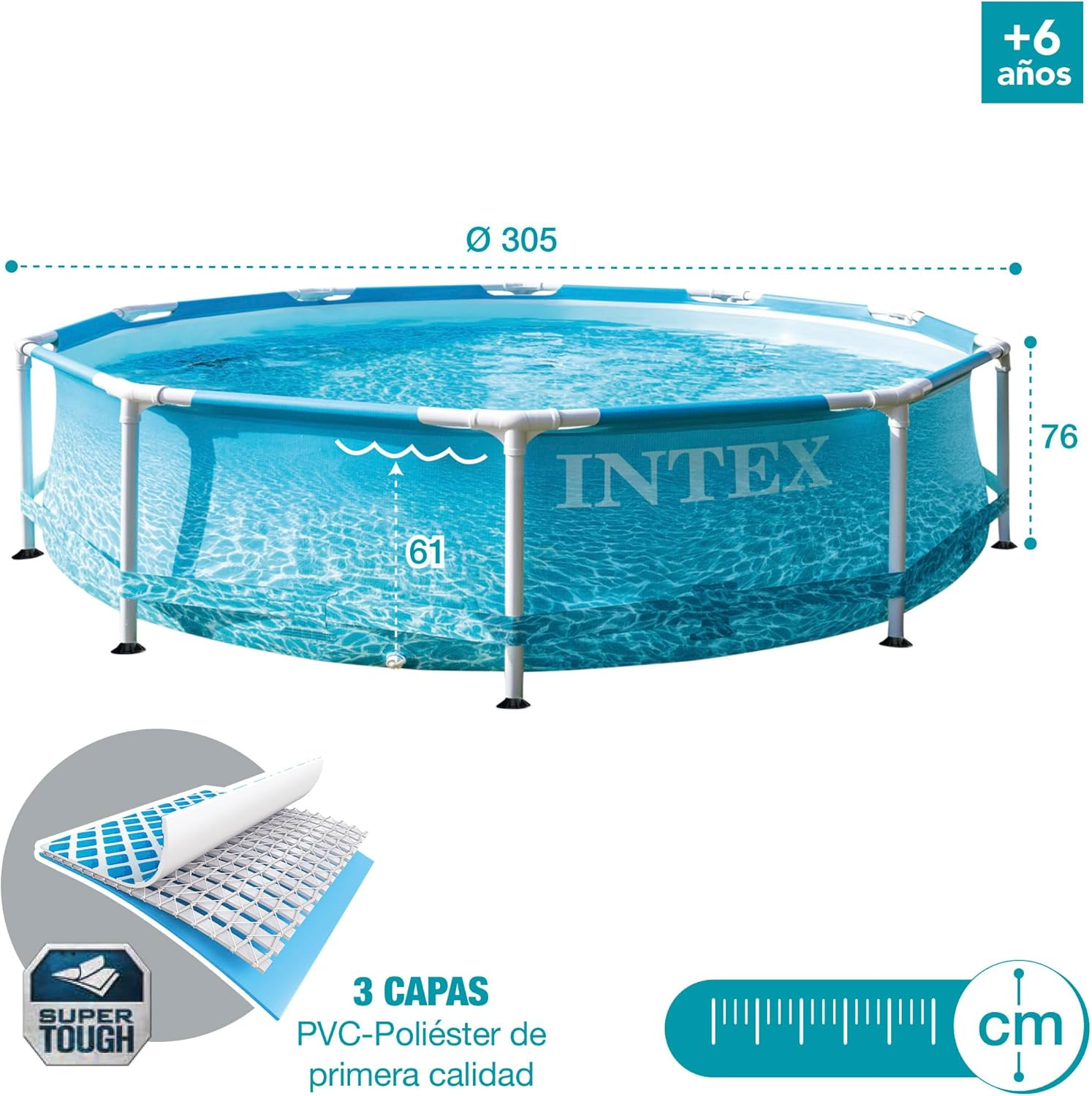 Aufstellpool mit beschrifteten Abmessungen, blauem Liner und weißen Stützen. Ein Abschnitt der Auskleidung wird gezeigt.