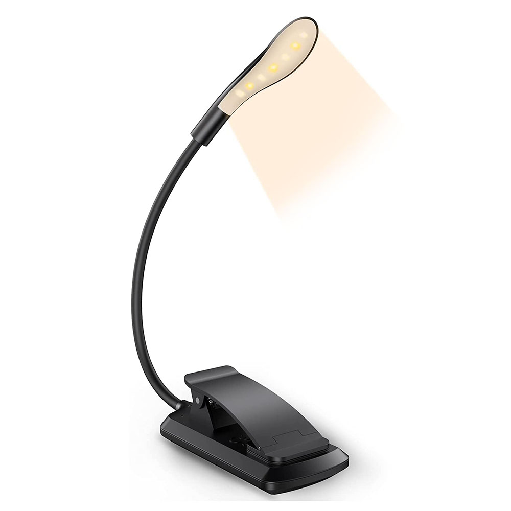 Schwarze Clip-on-Leselampe mit flexiblem Hals und hellem Licht.