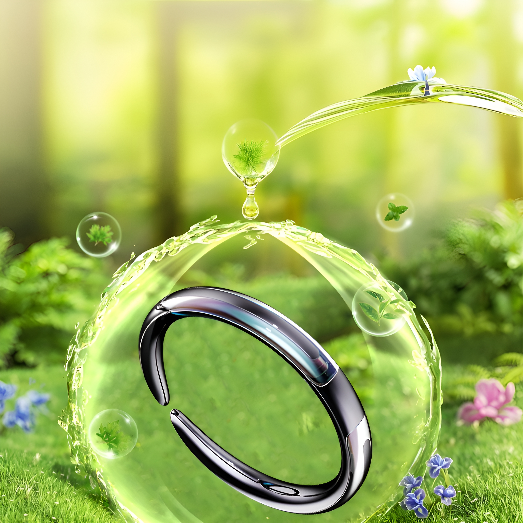 Ein schwarzes Smart-Armband in einer grünen Blase mit Wasser und grünen Pflanzen.
