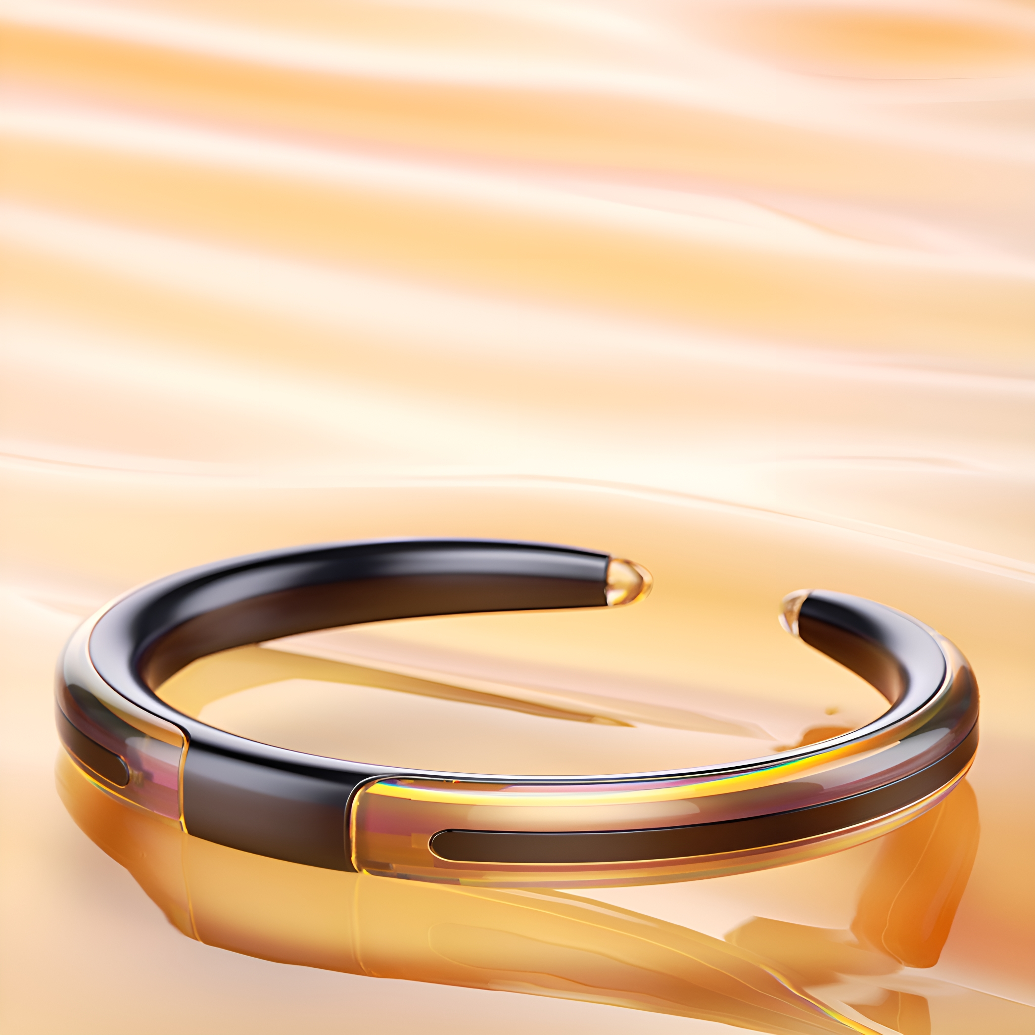 Schwarz-goldenes Armband auf goldener Oberfläche mit unscharfem Hintergrund.