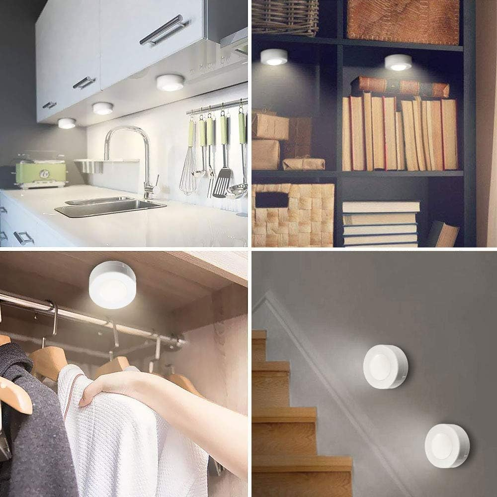 Eine Collage von Bildern mit Lichtern an verschiedenen Orten: Schränke, Regale, Schrank und Wand.