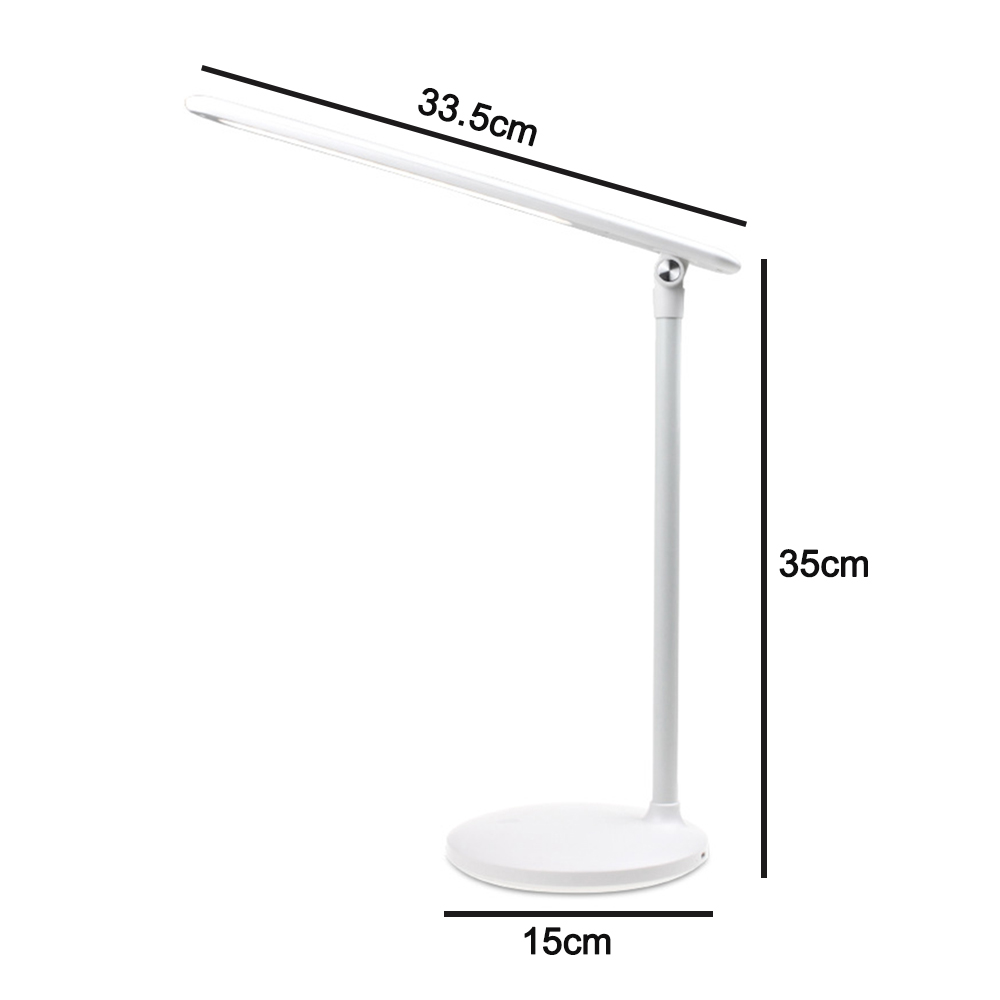 Weiße Schreibtischlampe mit Maßen. Text: '33,5 cm', '35 cm' und '15 cm'.