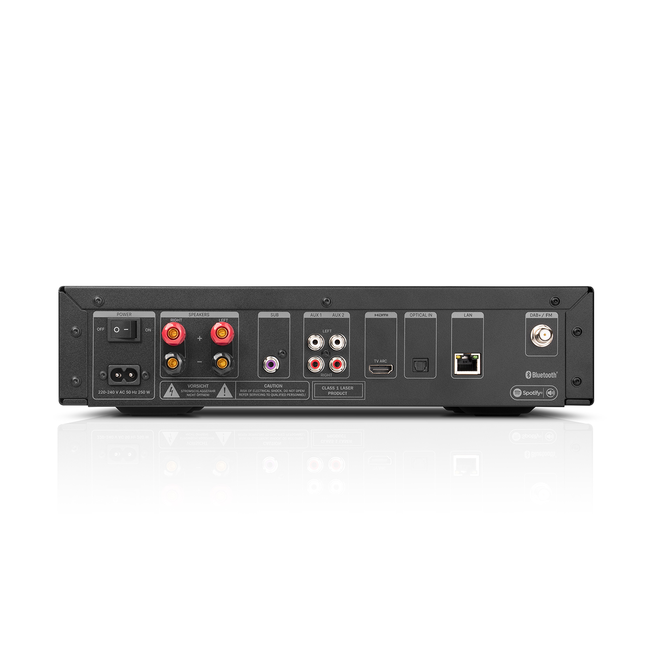 Rückseite des schwarzen Audio-Receivers. Anschlüsse, Knöpfe und Beschriftungen sichtbar.
