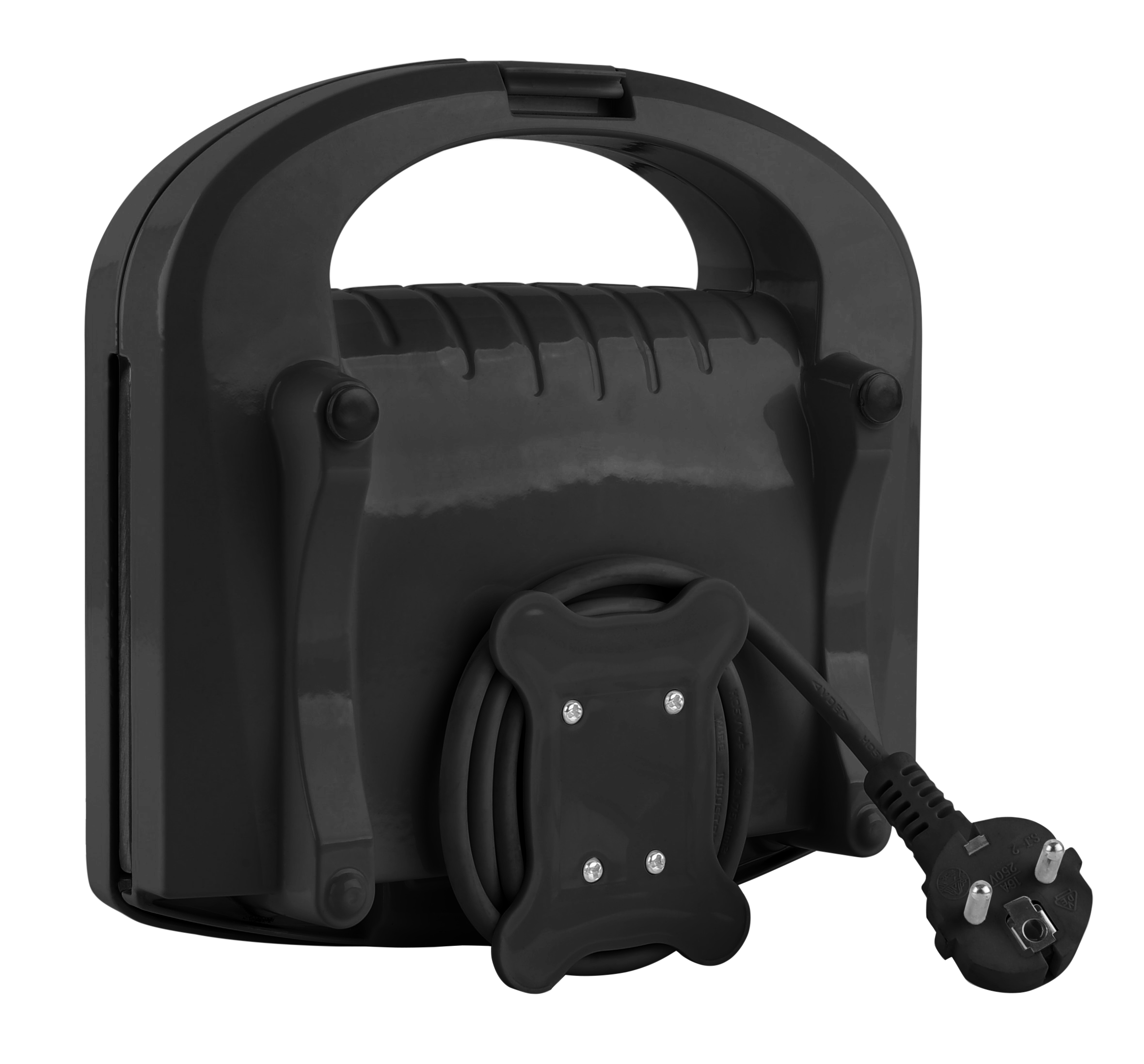 Eine schwarze Kabeltrommel mit Griff und Stecker, isoliert auf weißem Hintergrund.