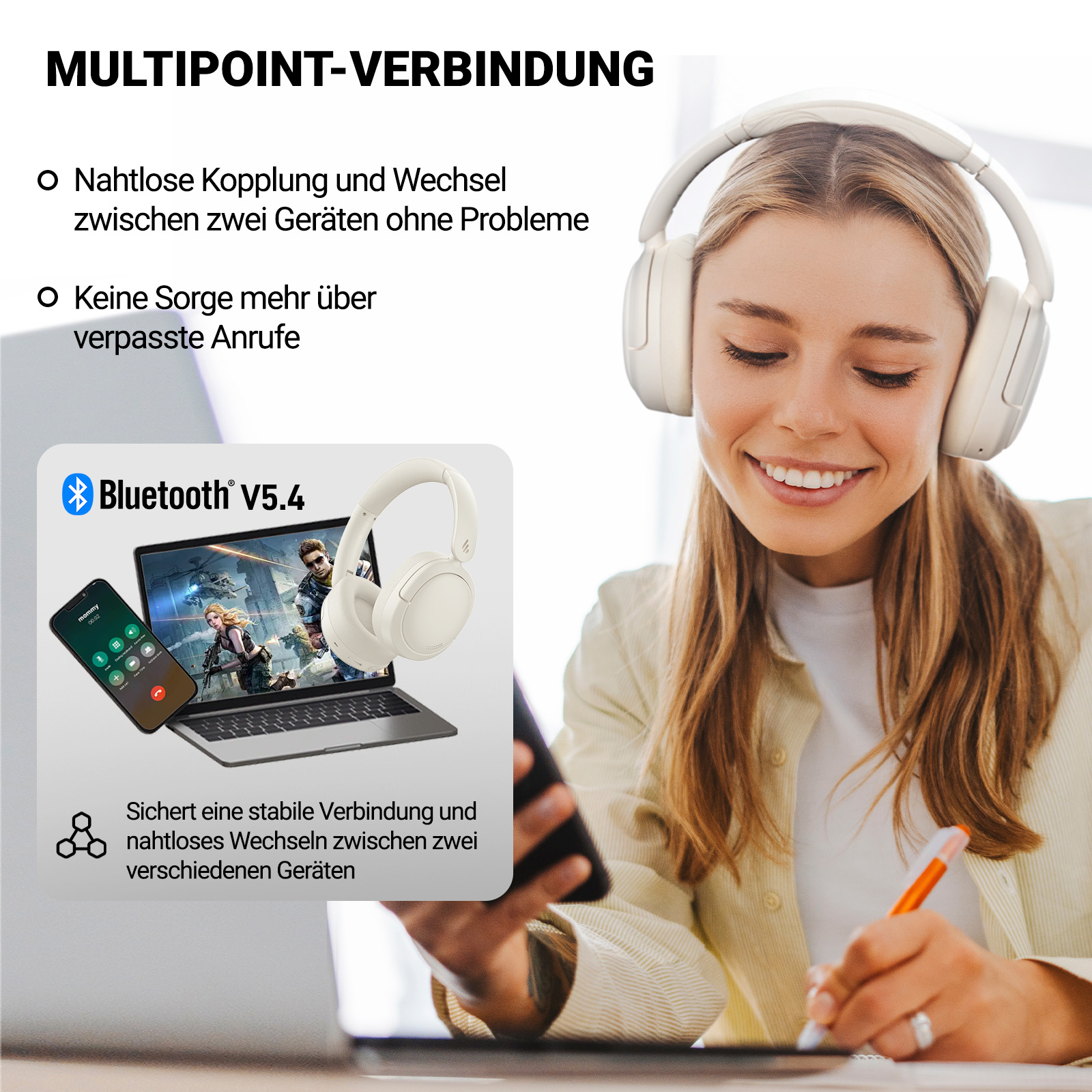 Eine Frau mit Headset benutzt einen Laptop. Text über Bluetooth und Multipoint-Verbindung.