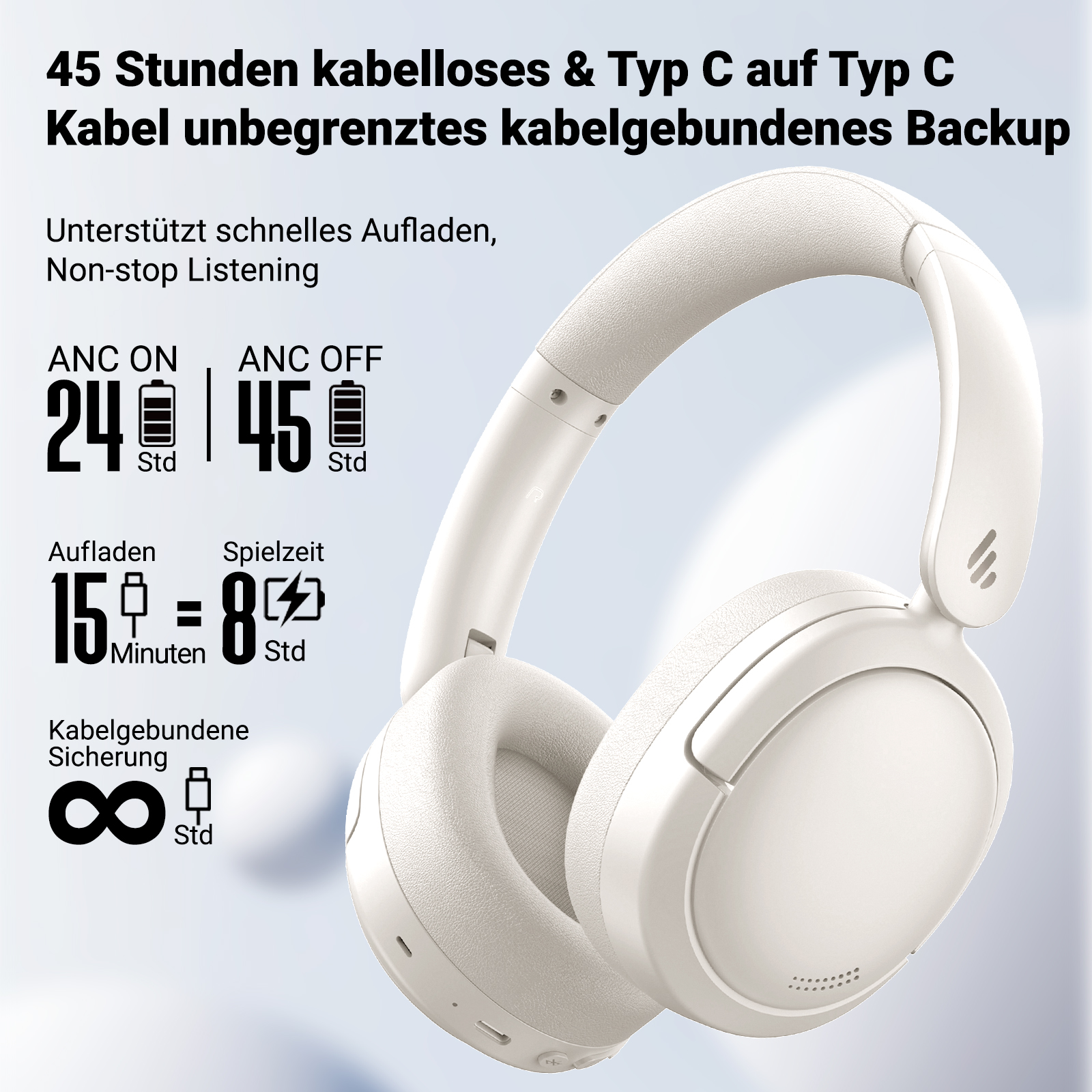 Weiße Kopfhörer mit Text über Akkulaufzeit und Schnellladung. Ein weißer Hintergrund mit Text.