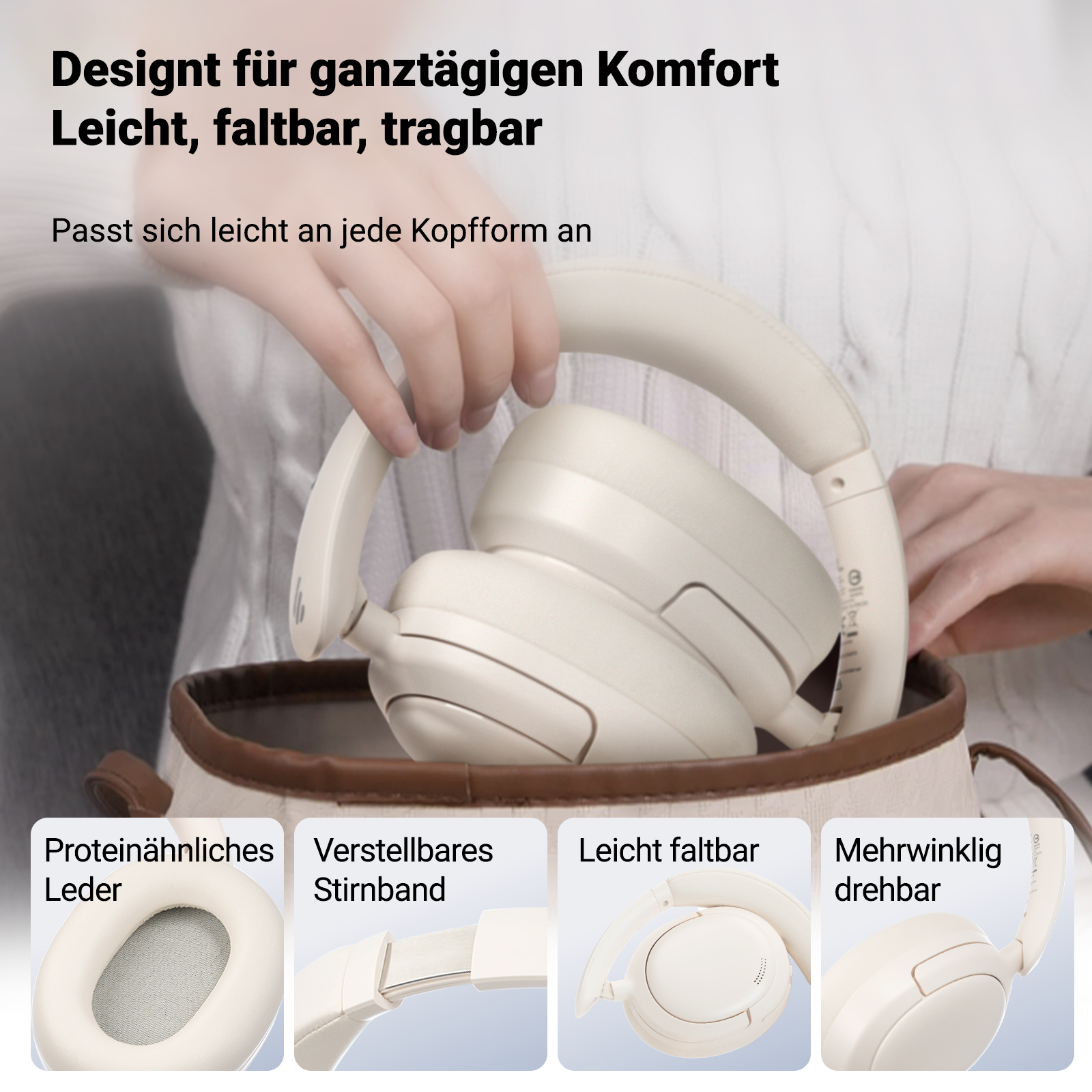 Eine Person, die ein Paar weißer Kopfhörer hält. Weitere Kopfhörer im Detail gezeigt.