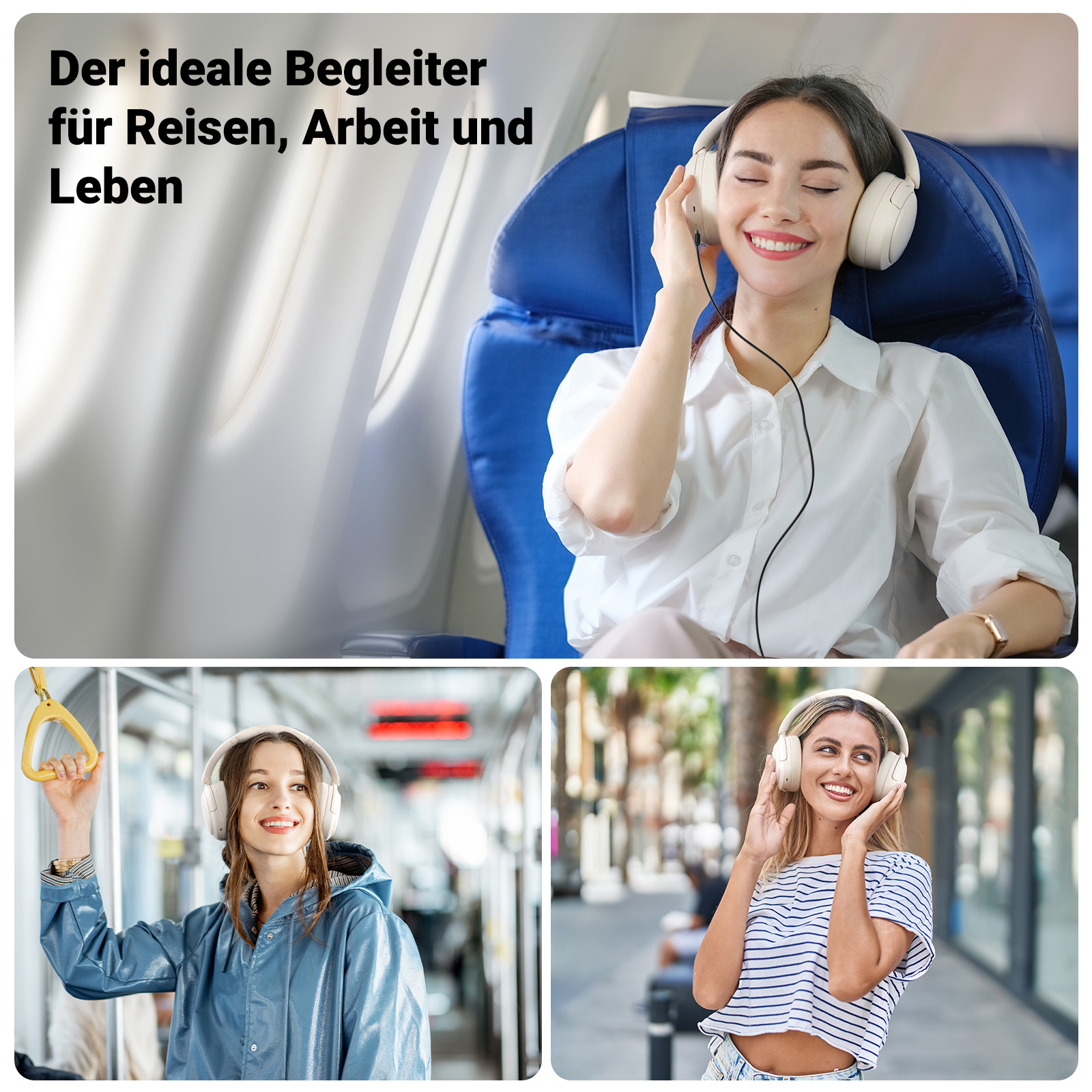 Drei Bilder von Menschen mit Kopfhörern. Frau im Flugzeug, im Bus und draußen. Weiße Kopfhörer.