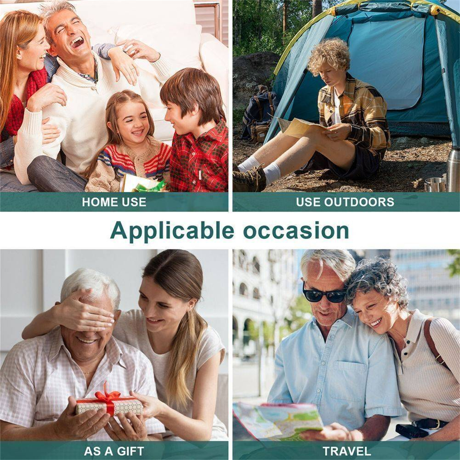 Collage von Personen, die ein Produkt in verschiedenen Umgebungen verwenden: zu Hause, im Freien, als Geschenk und auf Reisen.