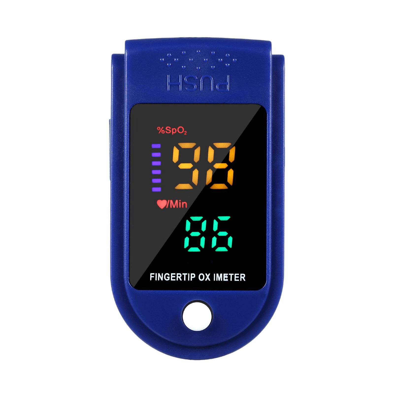 Ein blauer Finger-Pulsoximeter mit Digitalanzeige, die Sauerstoffsättigung und Pulsfrequenz anzeigt.