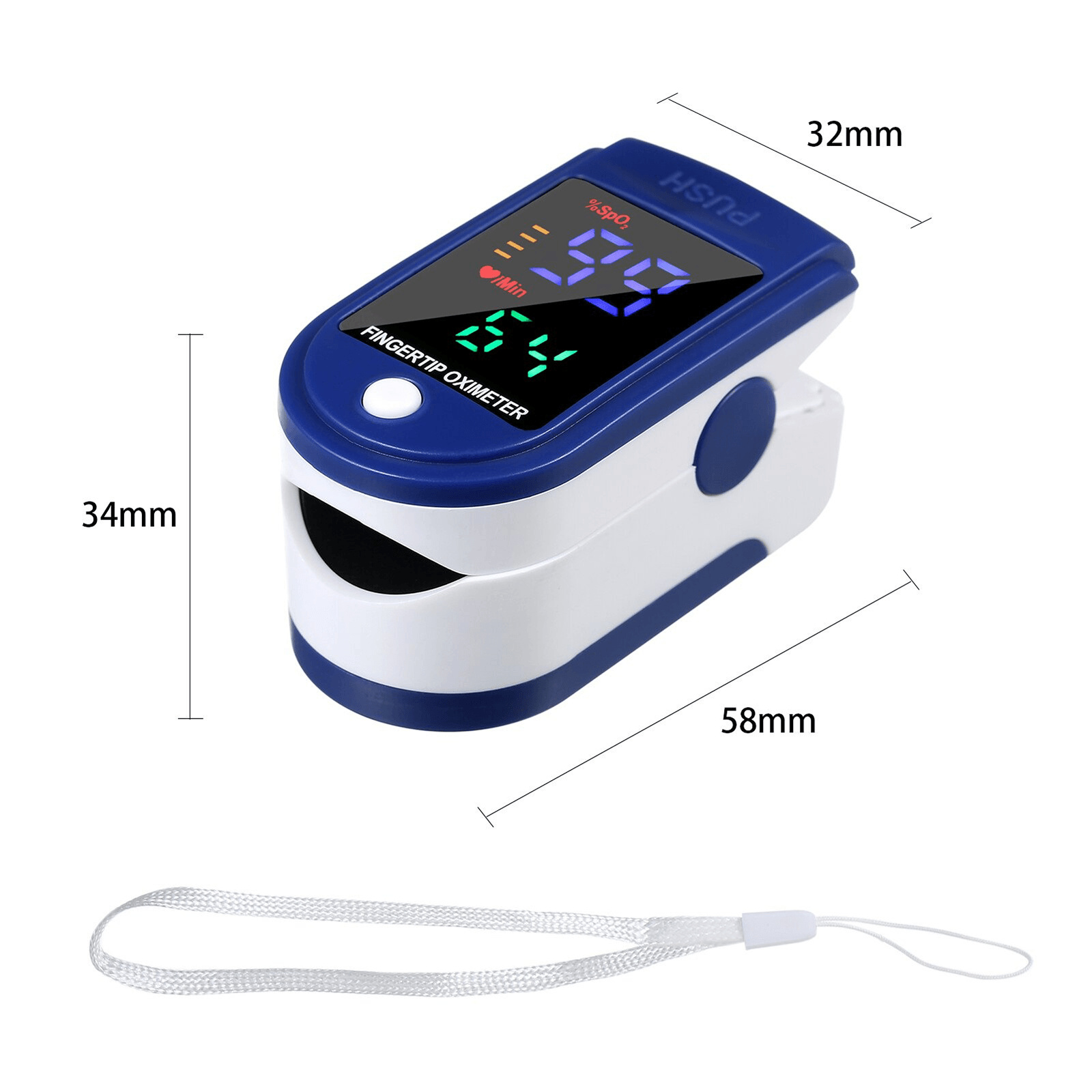 Fingertip-Oximeter. Gerät ist blau und weiß, mit Display, das Messwerte anzeigt, und Handschlaufe.