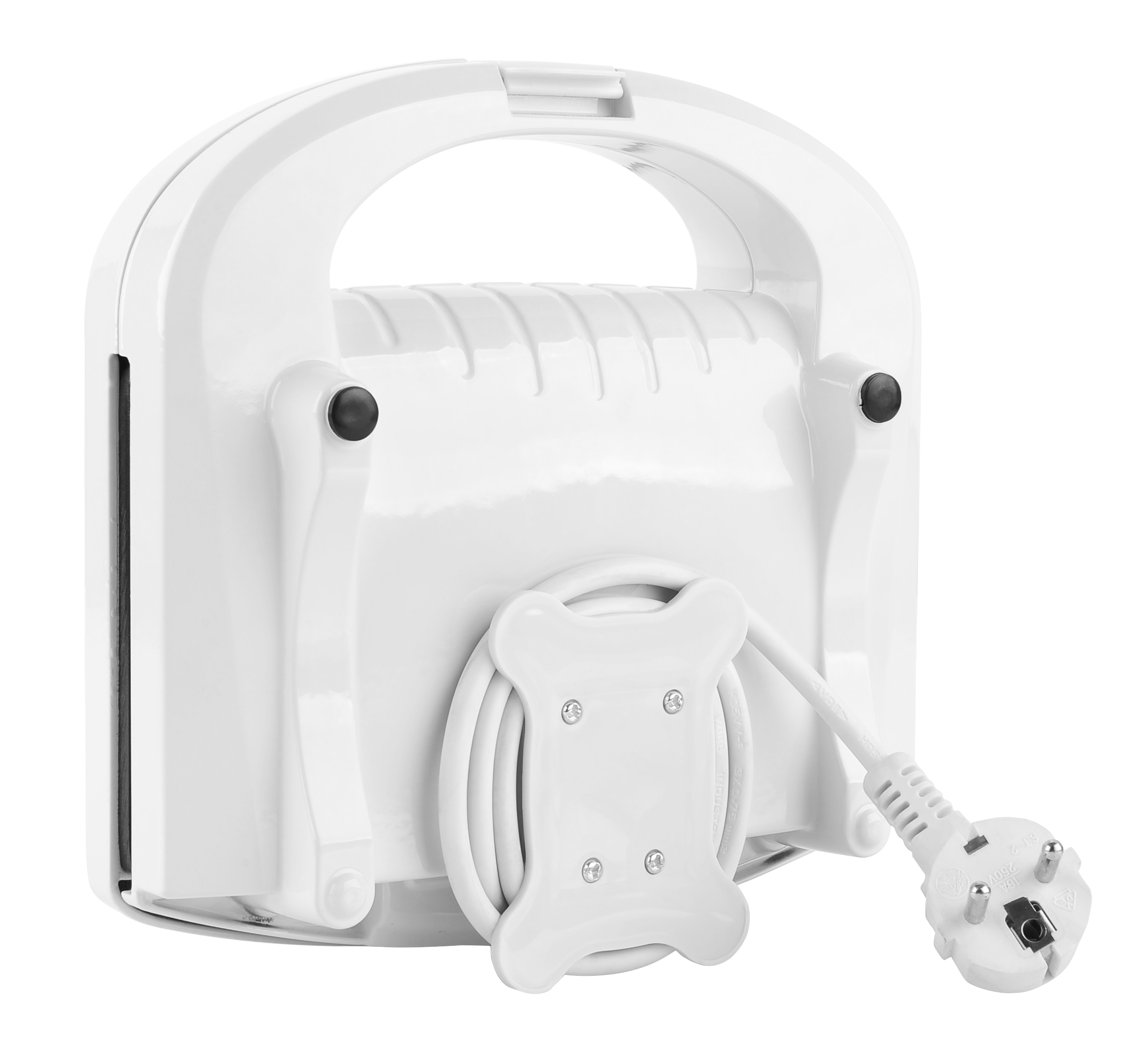 Die Rückseite eines weißen Sandwichmakers mit Griff und Netzkabel mit Stecker.