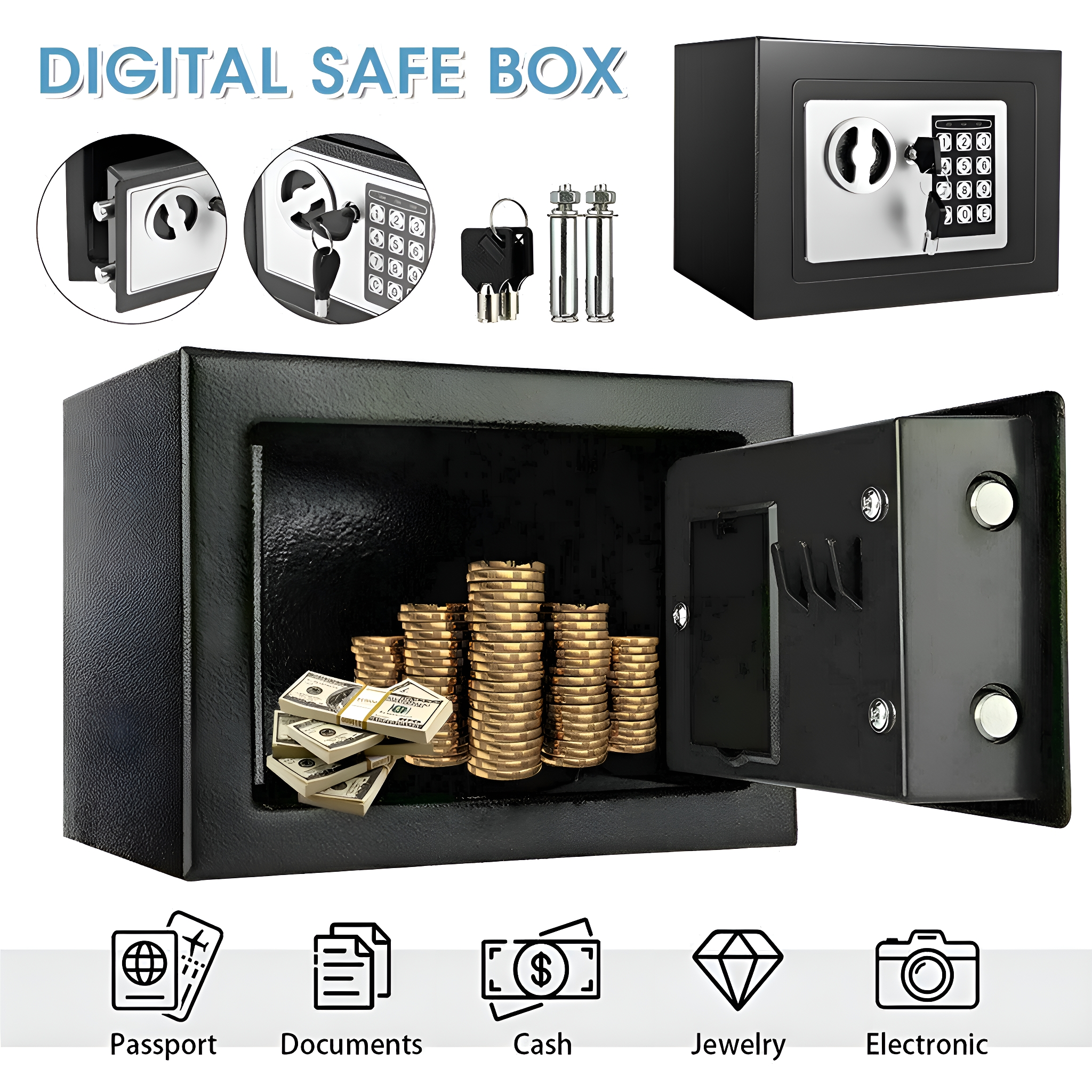 Ein digitaler Tresor mit Bargeld, Münzen, Dokumenten, Reisepass und Schmuck darin.