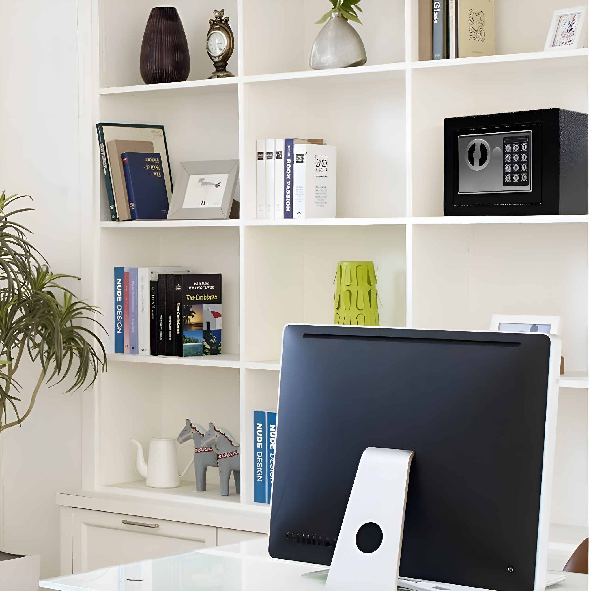 Ein weißes Bücheregal mit Büchern, einem Safe und einem Computermonitor. Eine Pflanze ist im Vordergrund.