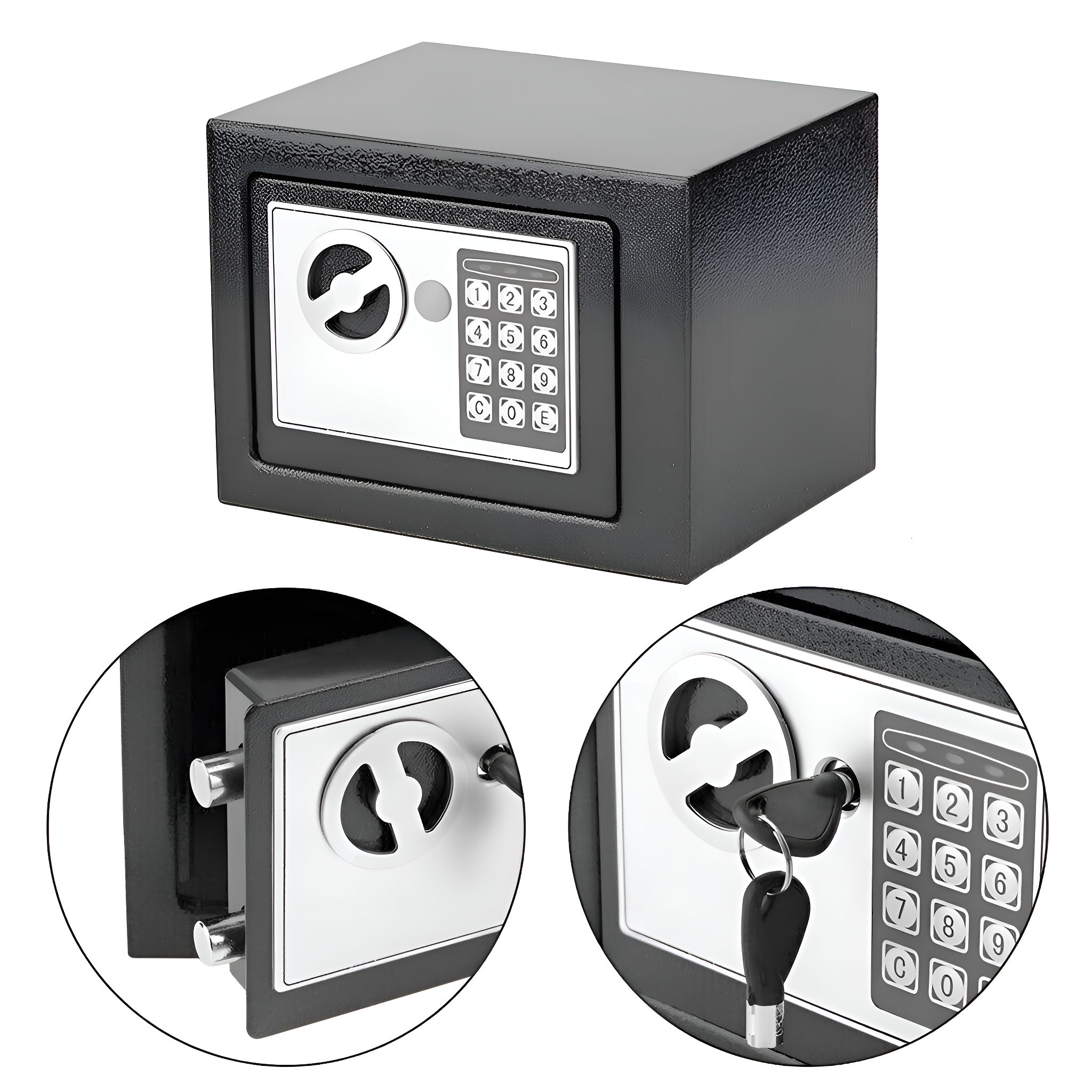 Ein schwarzer Safe mit Tastatur, Schlüsselloch und Schlüssel, der Details des Safes zeigt.