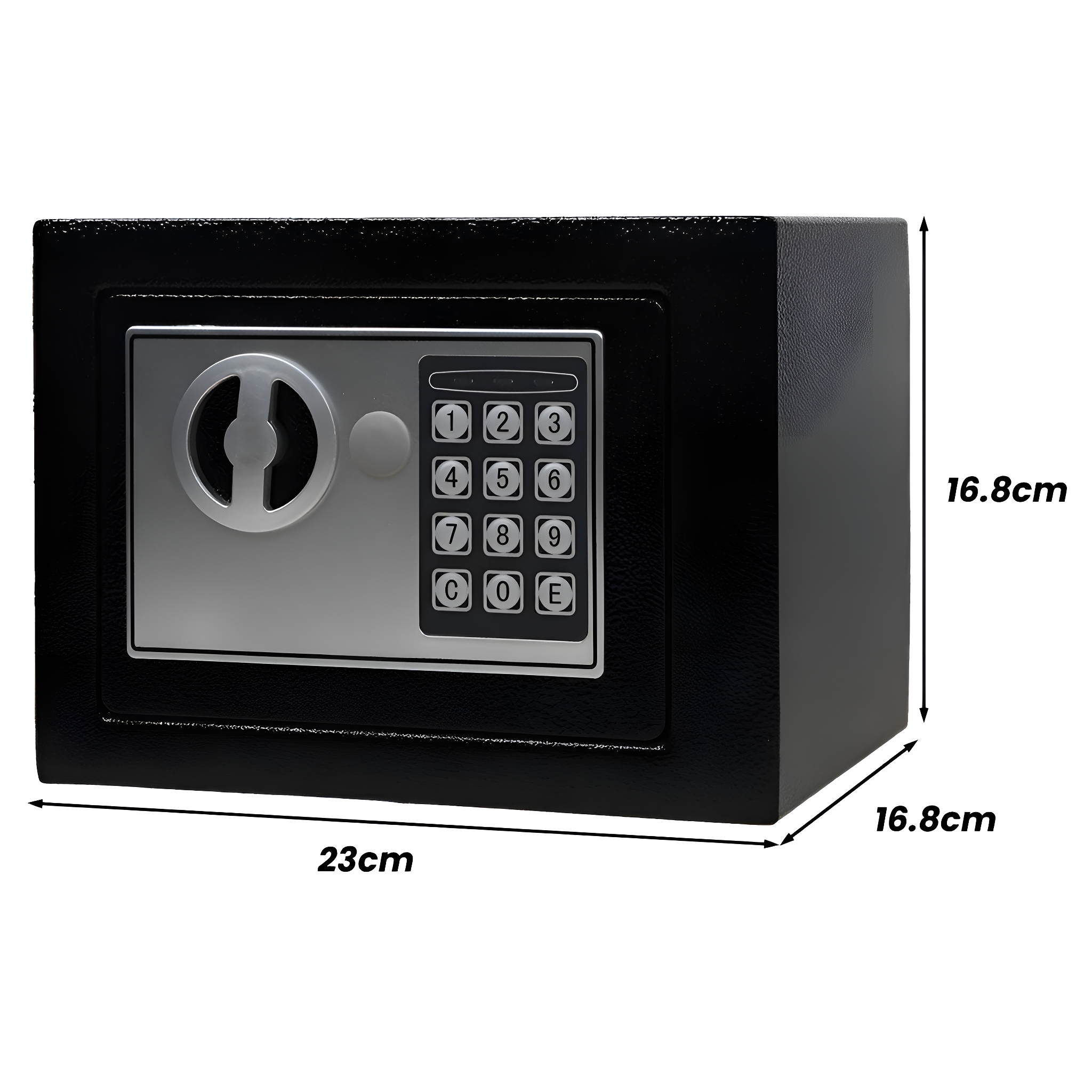 Ein schwarzer Tresor mit digitaler Tastatur, Griff und Abmessungen in Zentimetern.