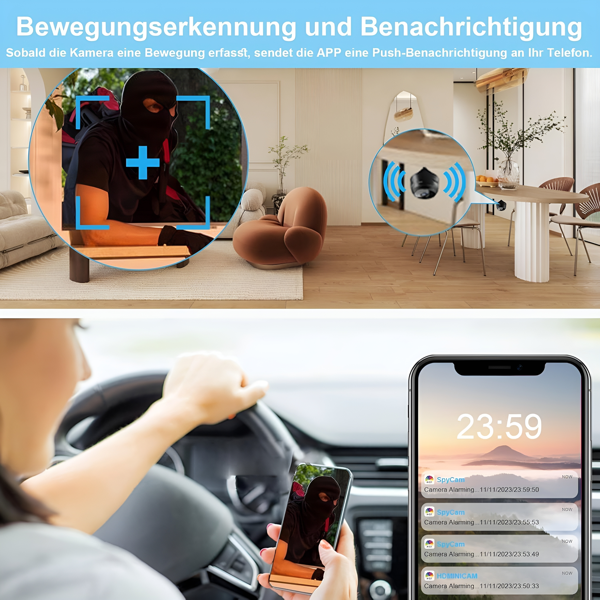Bild zeigt Überwachungskamerasystem mit Benachrichtigungen auf dem Telefon. Eine Person wird im Auto und zu Hause gezeigt.