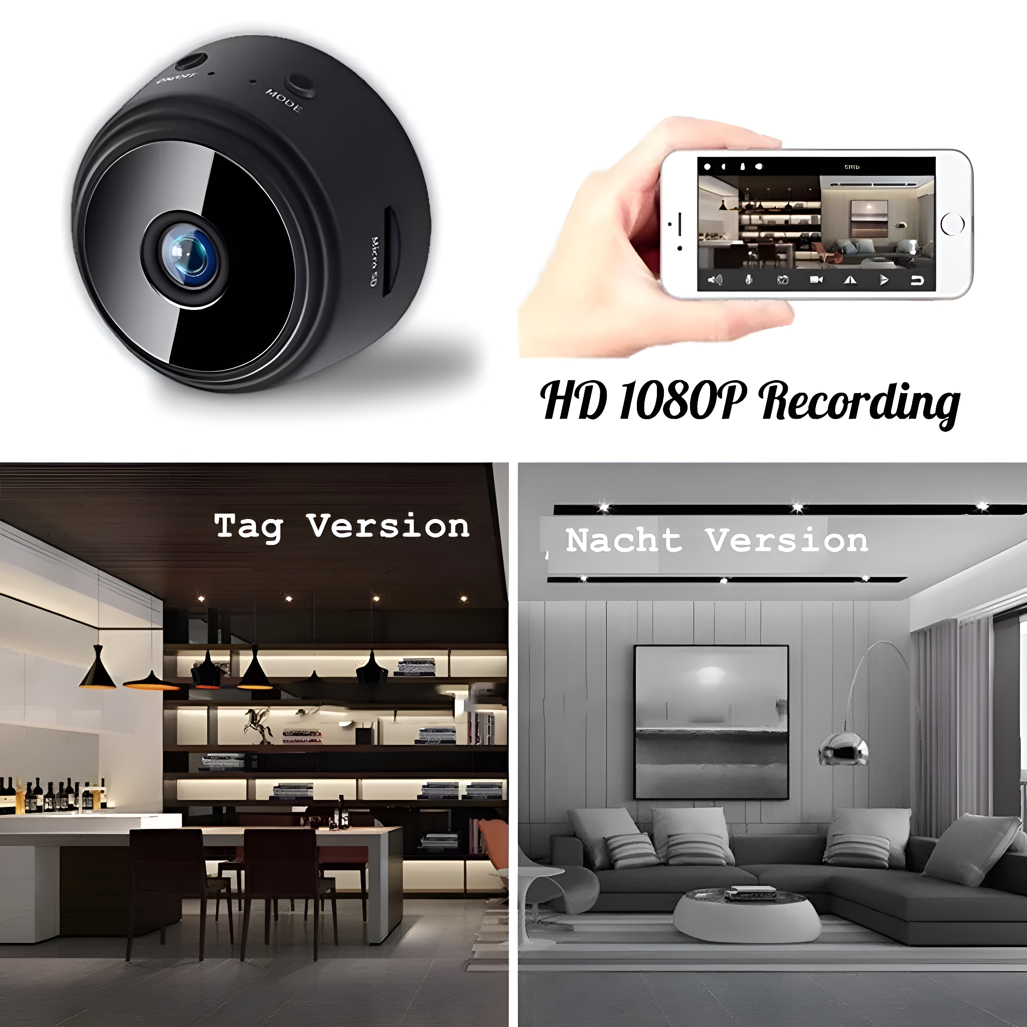 Eine schwarze Kamera mit einem Telefon, das einen Live-Videofeed zeigt. Der Aufnahmetitel lautet HD 1080P und hat zwei Szenen.