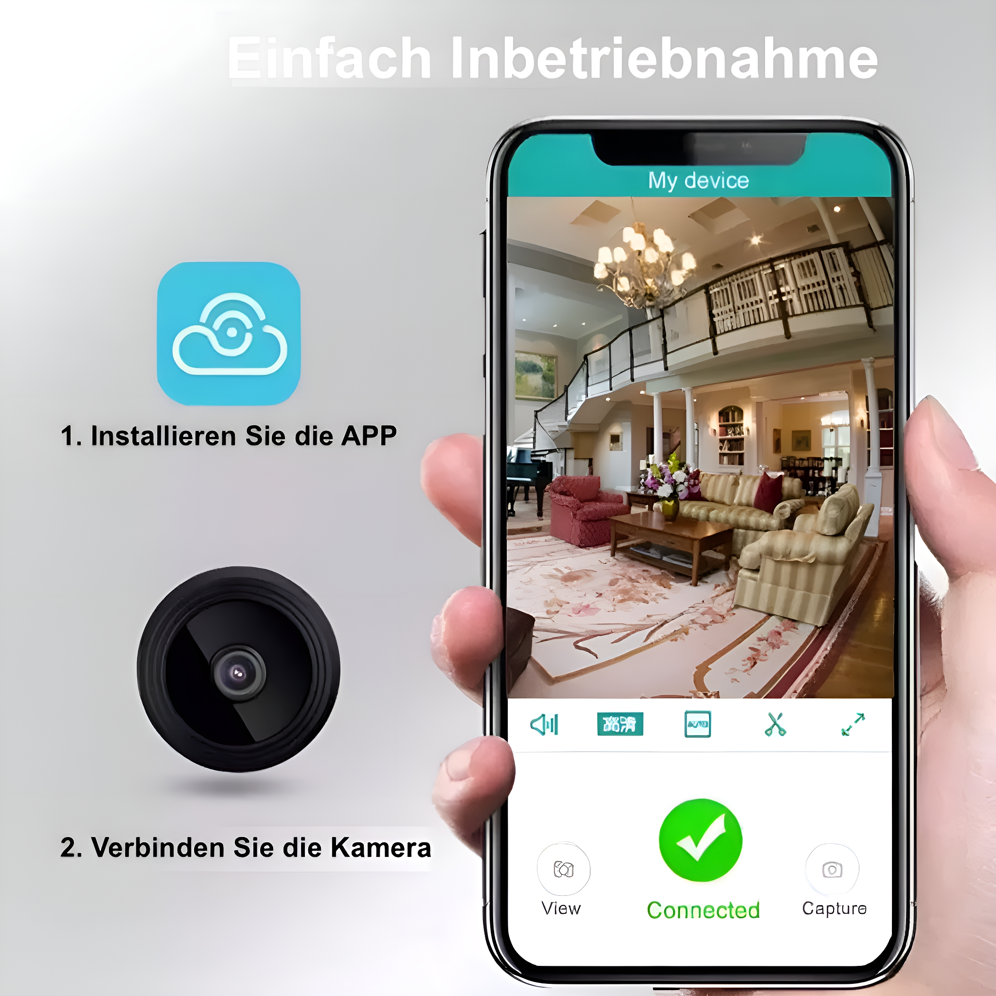 Frau hält Telefon, das eine verbundene Kamera zeigt. Das Telefon zeigt eine Raumansicht.