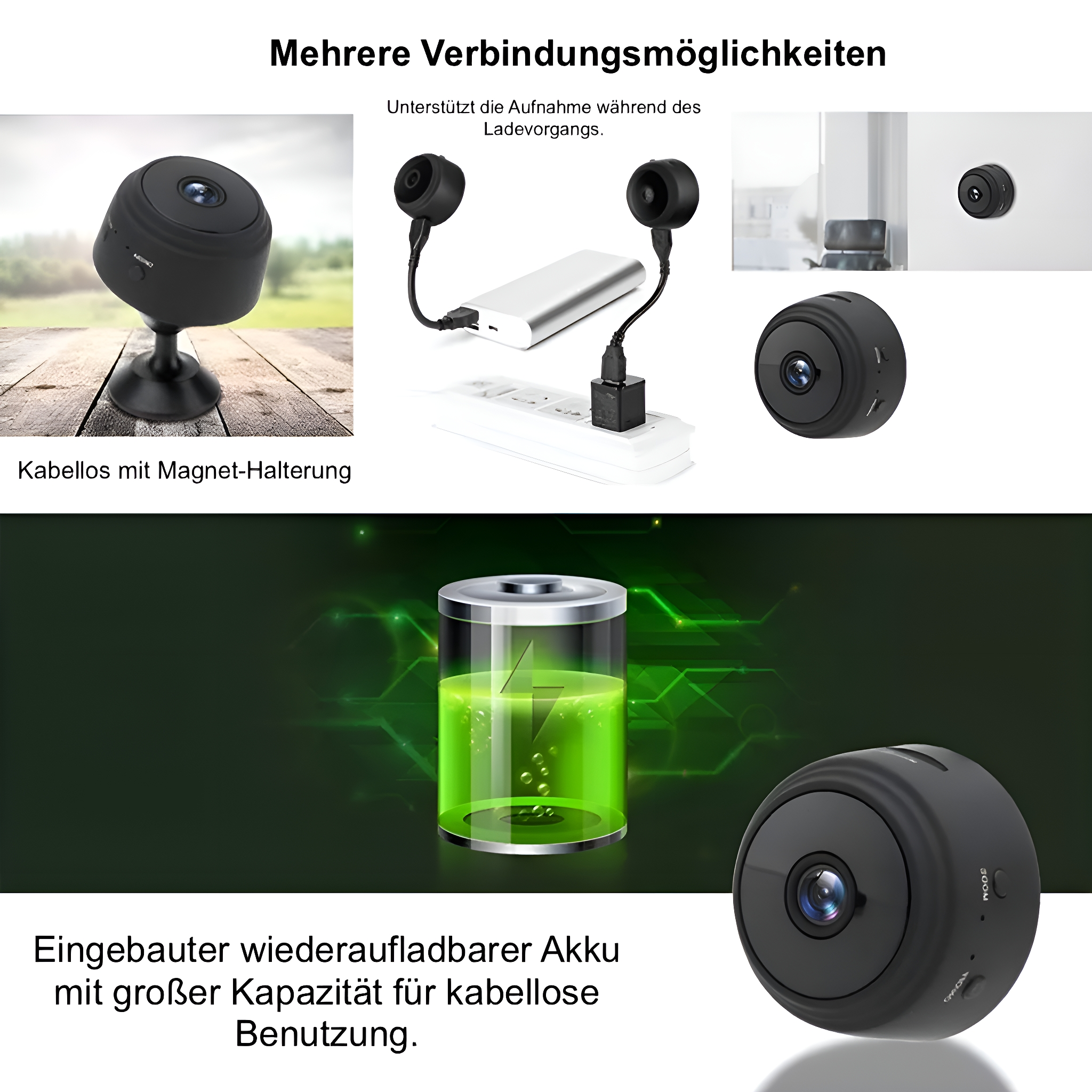 Schwarze Mini-Spionagekamera mit mehreren Ansichten, Aufladen und einem Akkusymbol.
