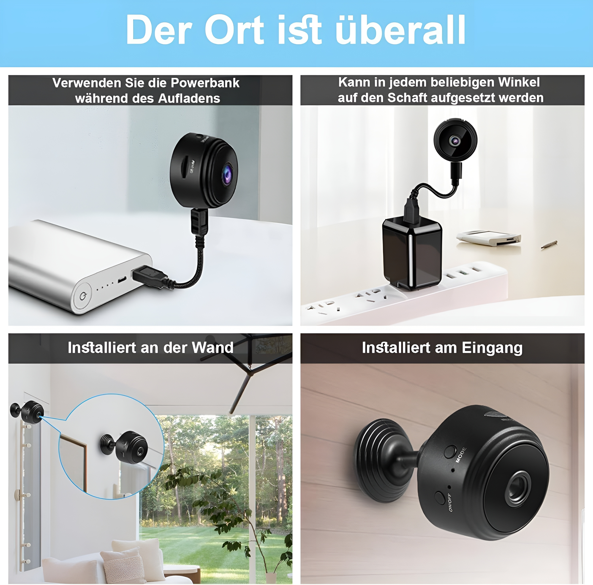 Vier Bilder, die eine kleine schwarze Kamera in verschiedenen Umgebungen zeigen. Text: 'Der Ort ist überall'.