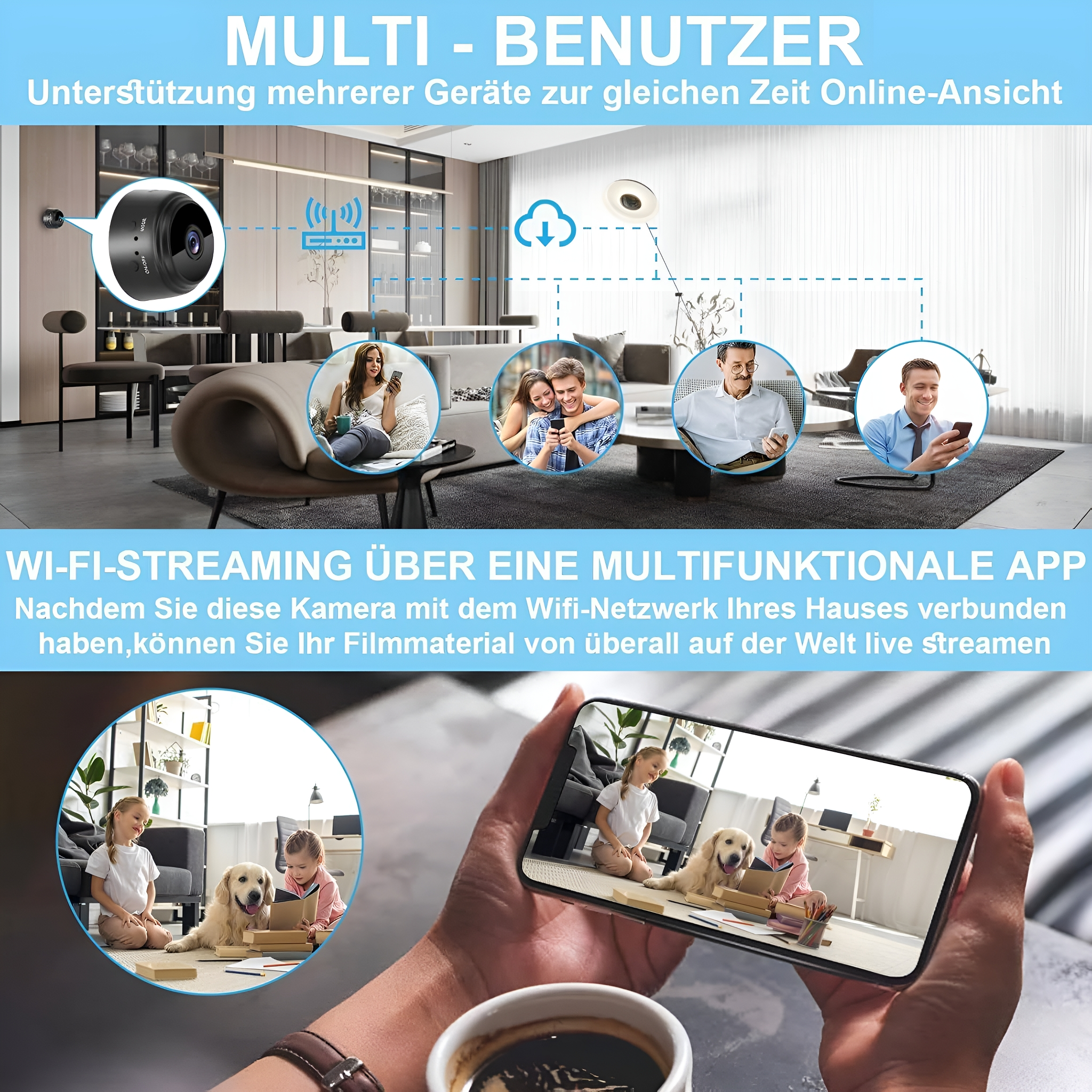 Smart-Home-Setup mit mehreren Personen, die Geräte verwenden. Eine Kamera streamt auf ein Telefon.