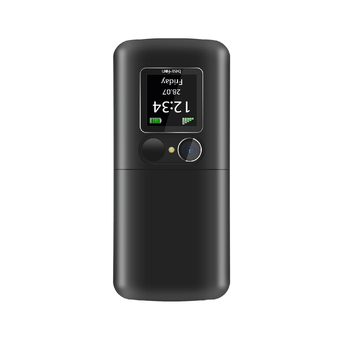 Czarny telefon z klapką z małym ekranem wyświetlającym godzinę i baterię, na białym tle.