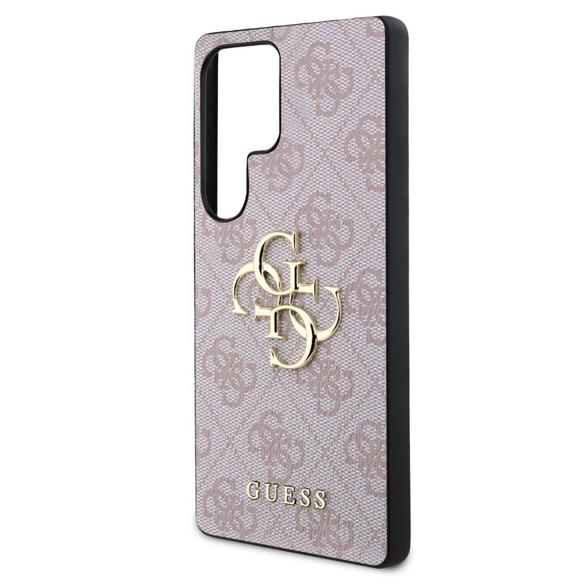 Custodia per telefono con motivo logo Guess. Design rosato con logo Guess dorato.