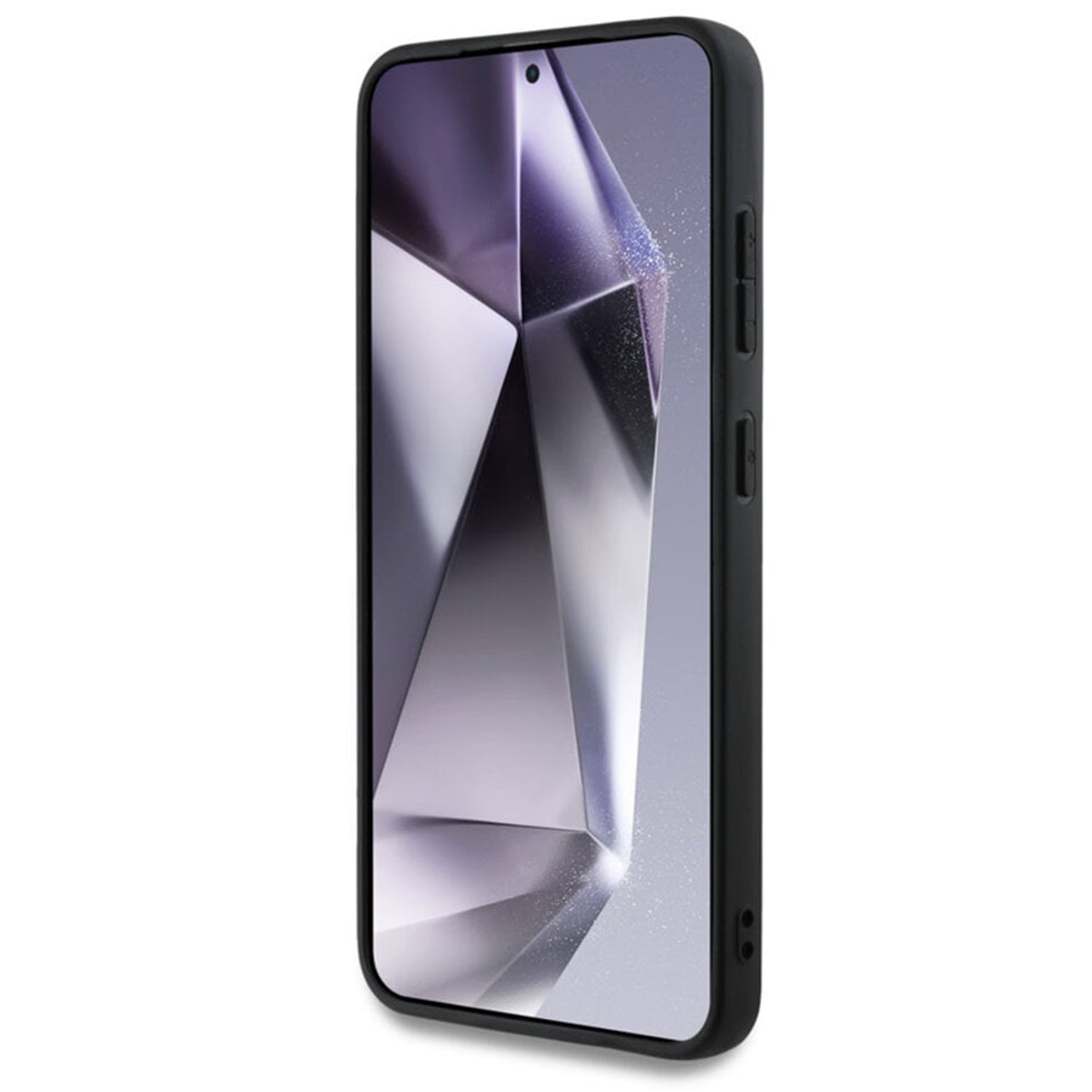 Un telefono nero in una custodia nera, angolato, con un motivo a diamante su sfondo bianco.