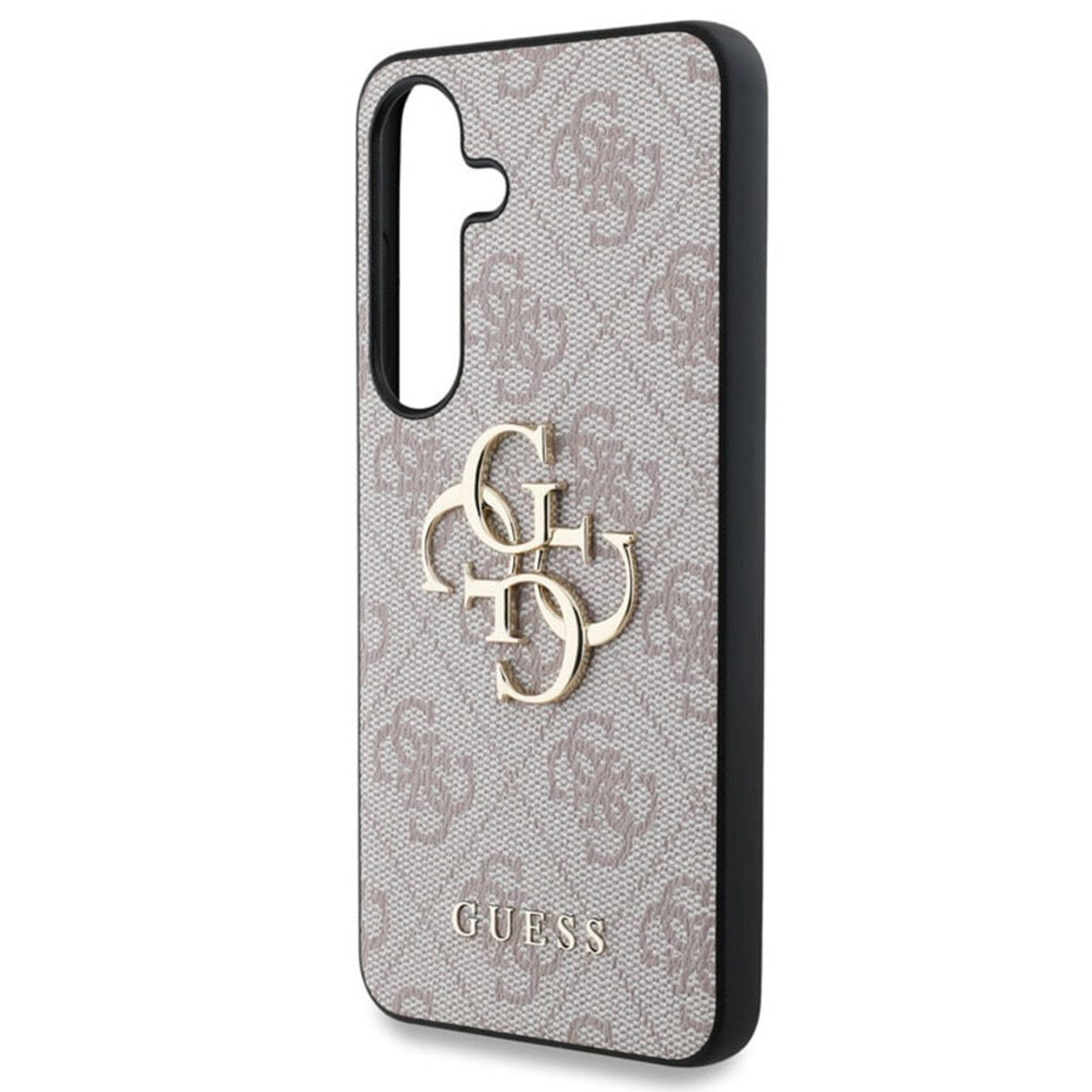 Una custodia per telefono con motivo logo Guess, logo dorato e cornice nera.