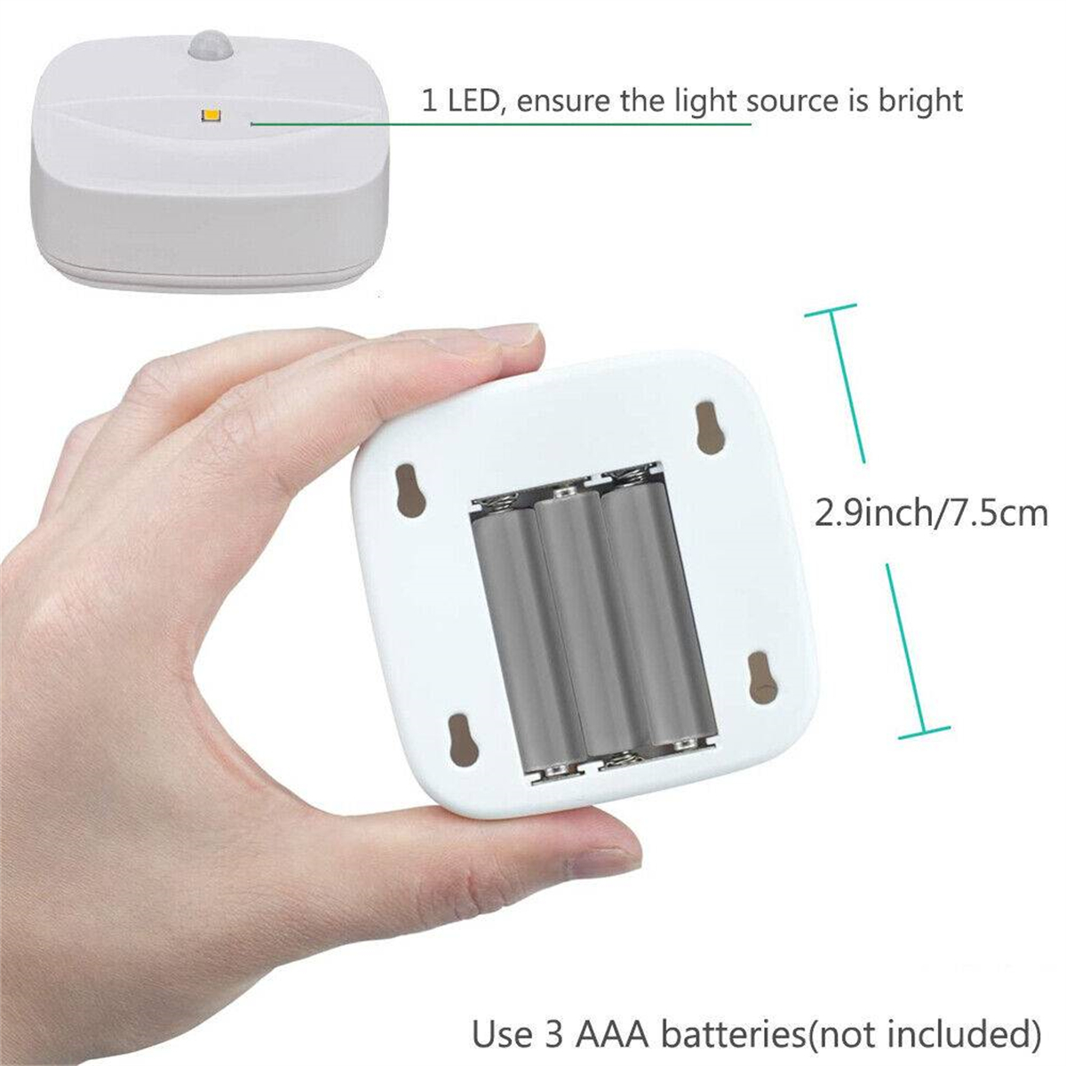 Nahaufnahme eines weißen Lichts mit einer Darstellung, die die Batteriestellung und Abmessungen zeigt.