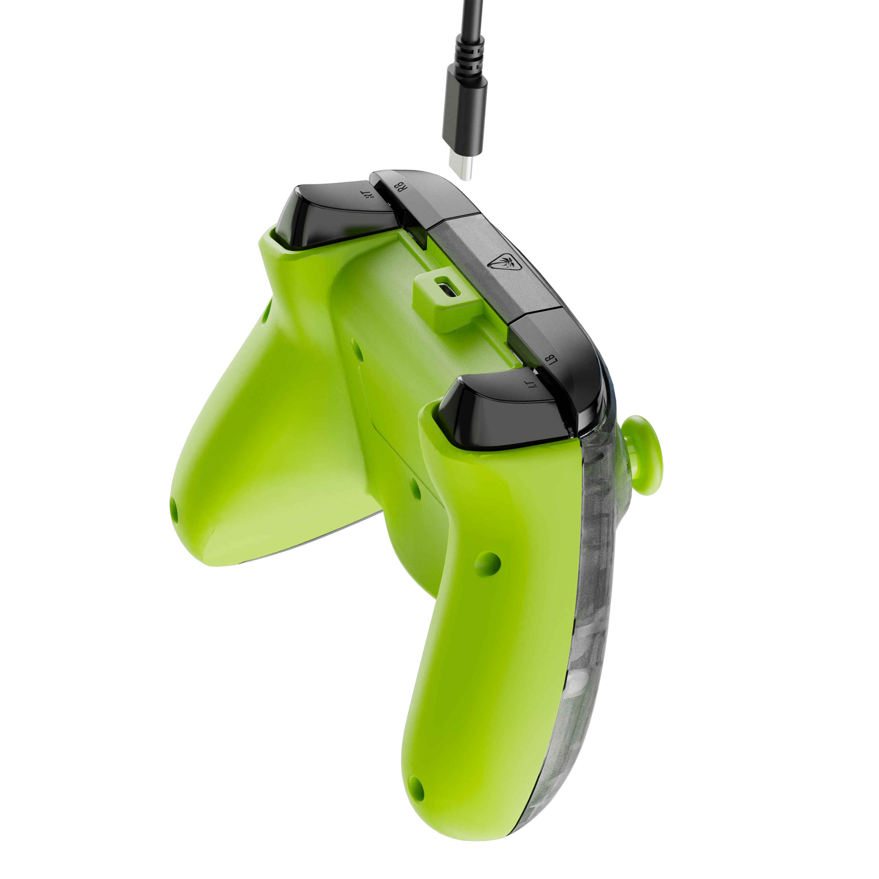 Zielony kontroler z czarnymi przyciskami i portem ładowania USB-C. Czarne tło.