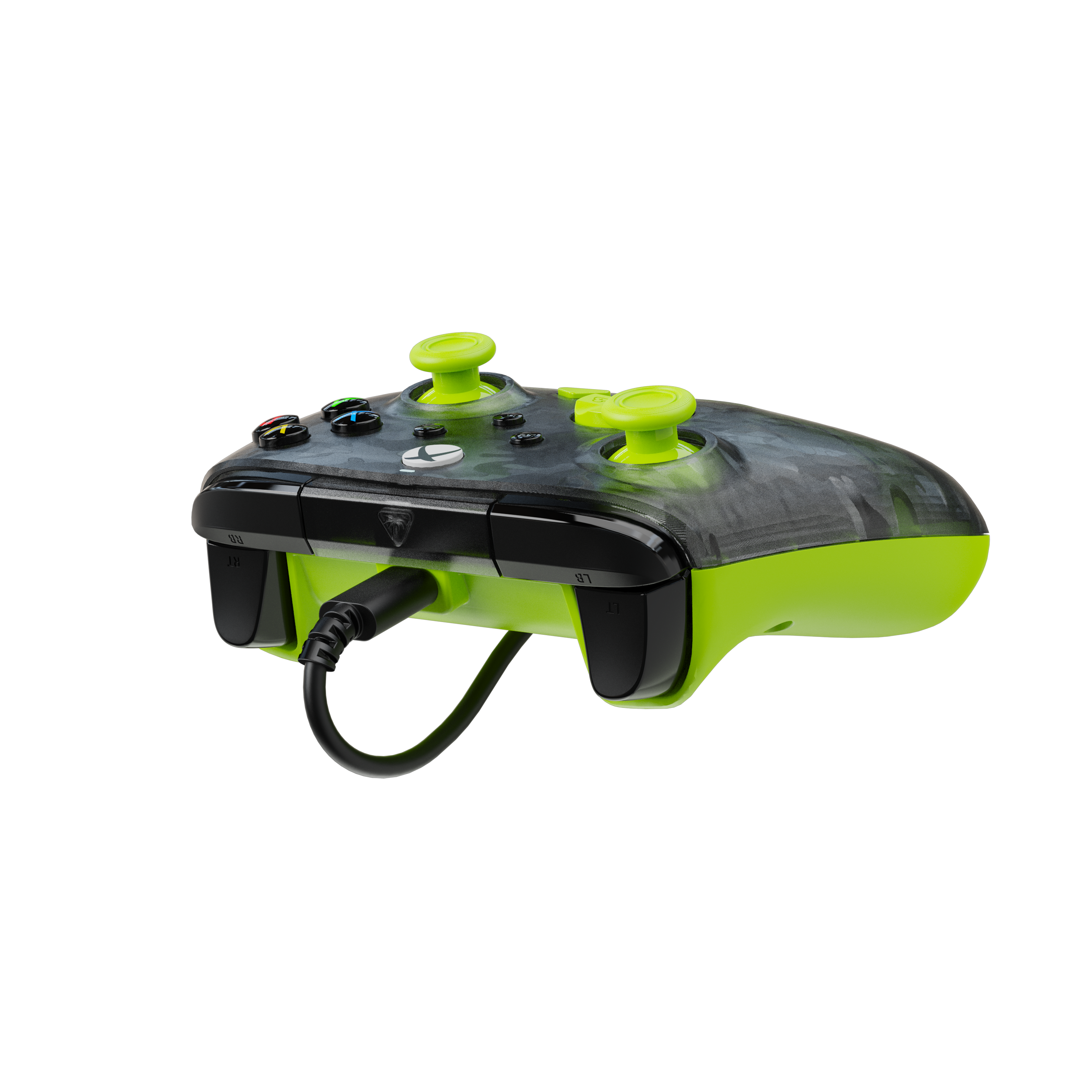 Zielony i czarny kontroler do gier z czarnym kablem na czarnym tle. Przyciski są zielone.