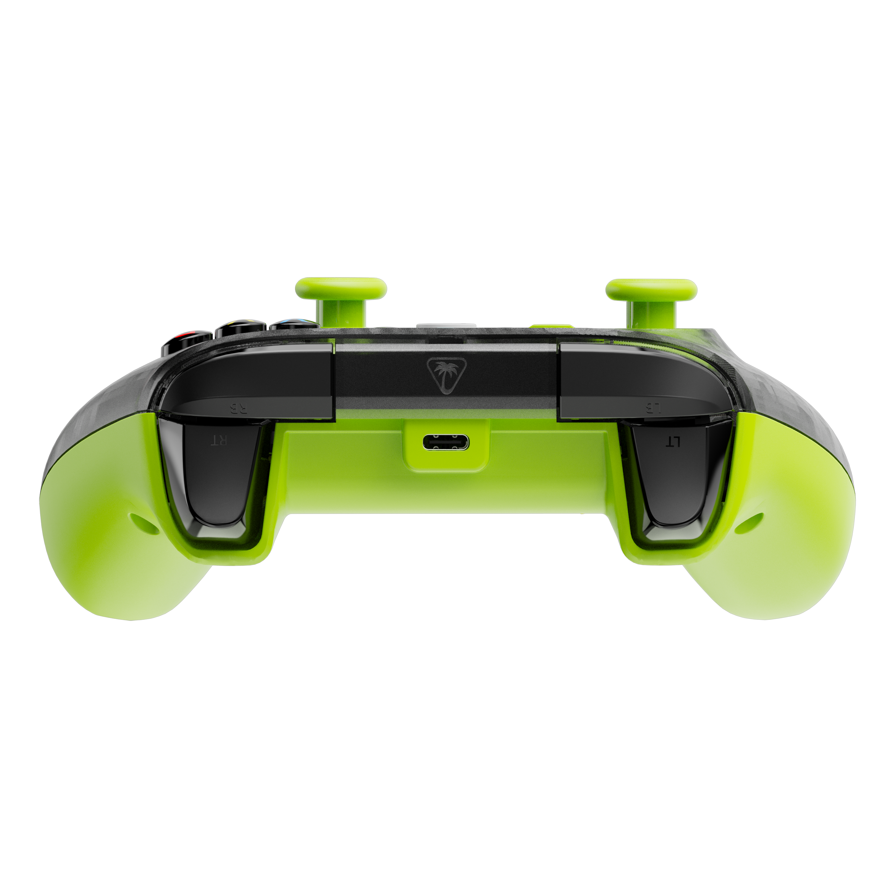 Zielony i czarny kontroler do gier, widok z tyłu. Przyciski i porty są widoczne.