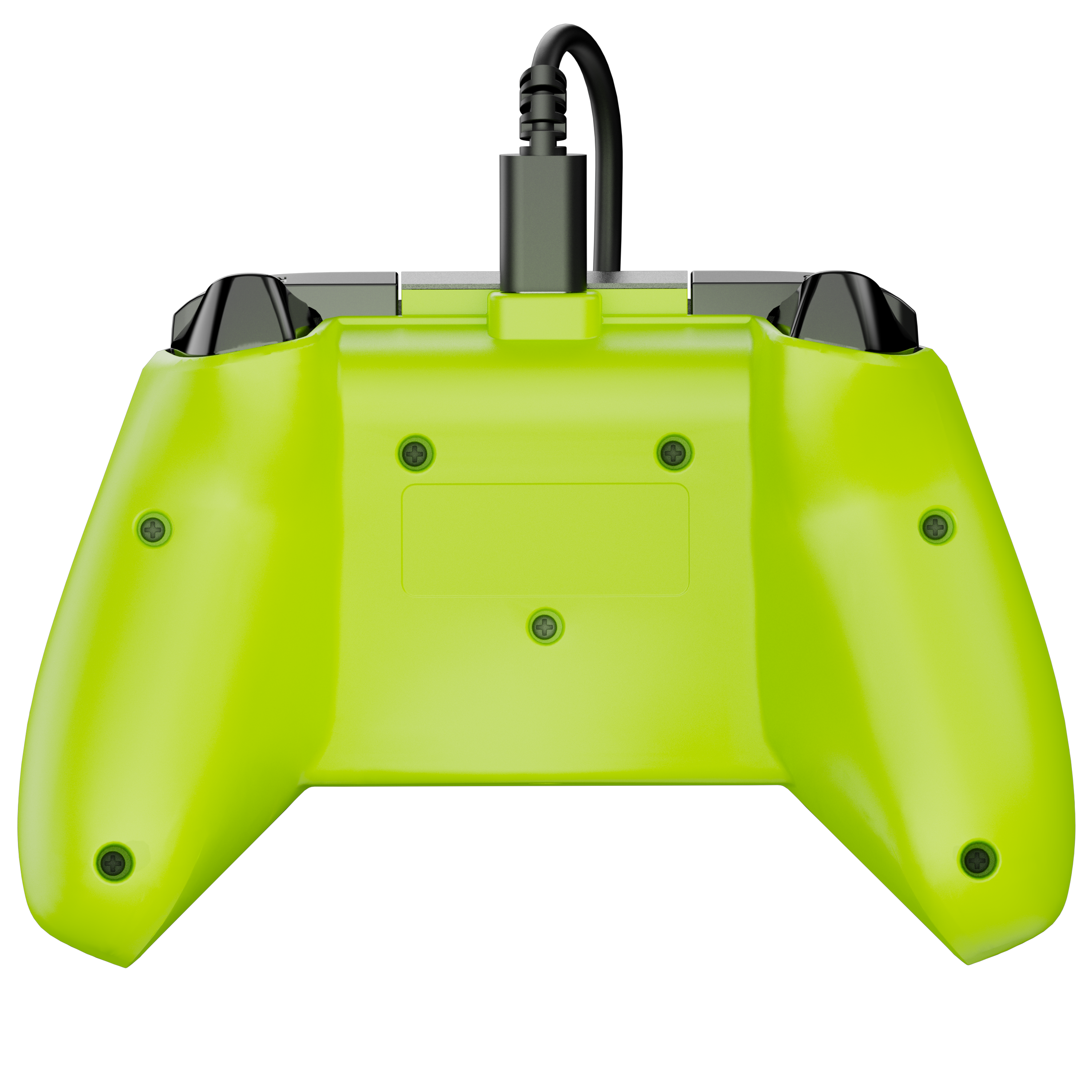 Neonowy zielony kontroler do gier z czarnym kablem na czarnym tle.