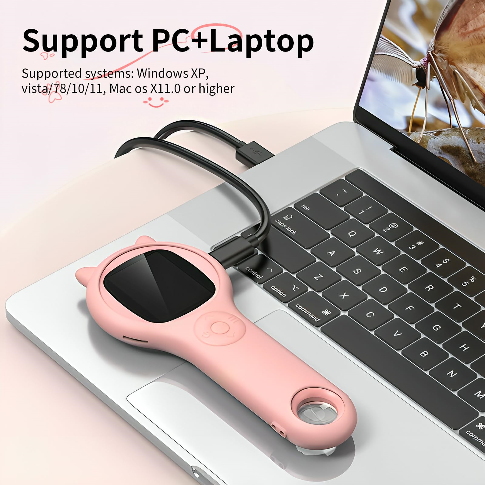 Rosa Gerät neben einem Laptop. Ein Kabel verbindet das Gerät mit dem Laptop.