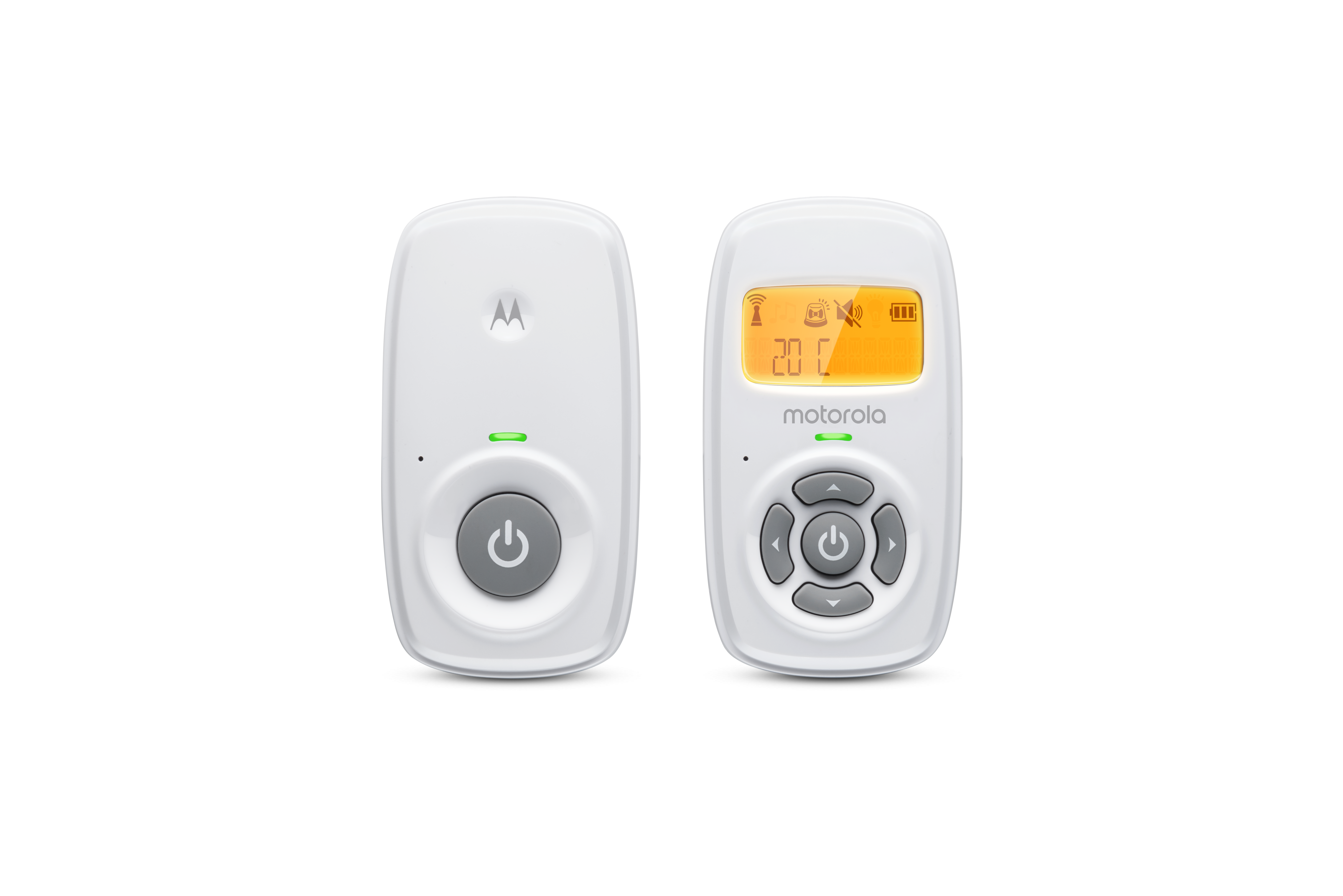 Niania elektroniczna z dwoma białymi jednostkami. Jedna pokazuje ekran i przyciski. Czarne tło.