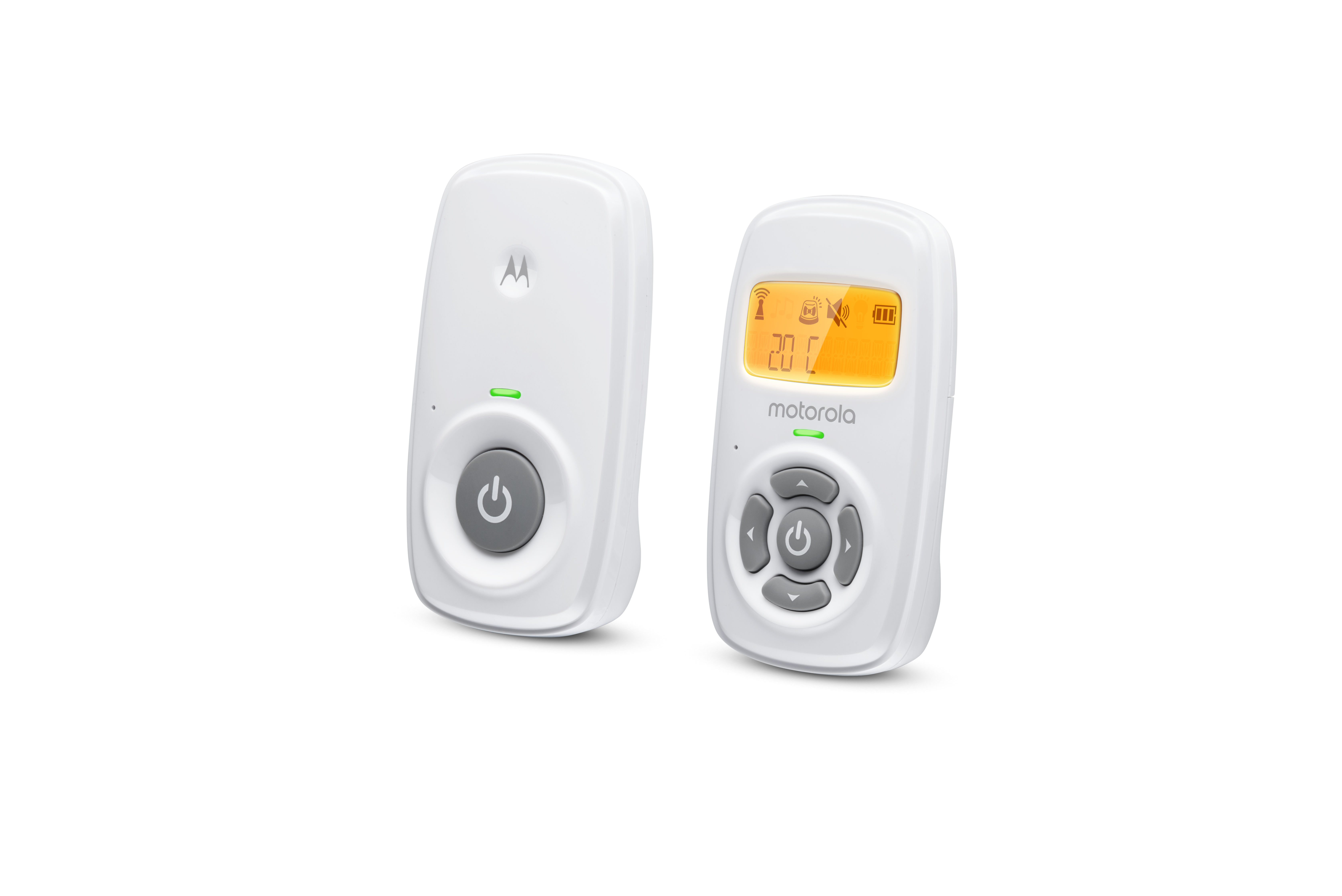 Dwa białe nianie elektroniczne, jeden z ekranem pokazującym 20 stopni. Widoczne przyciski.