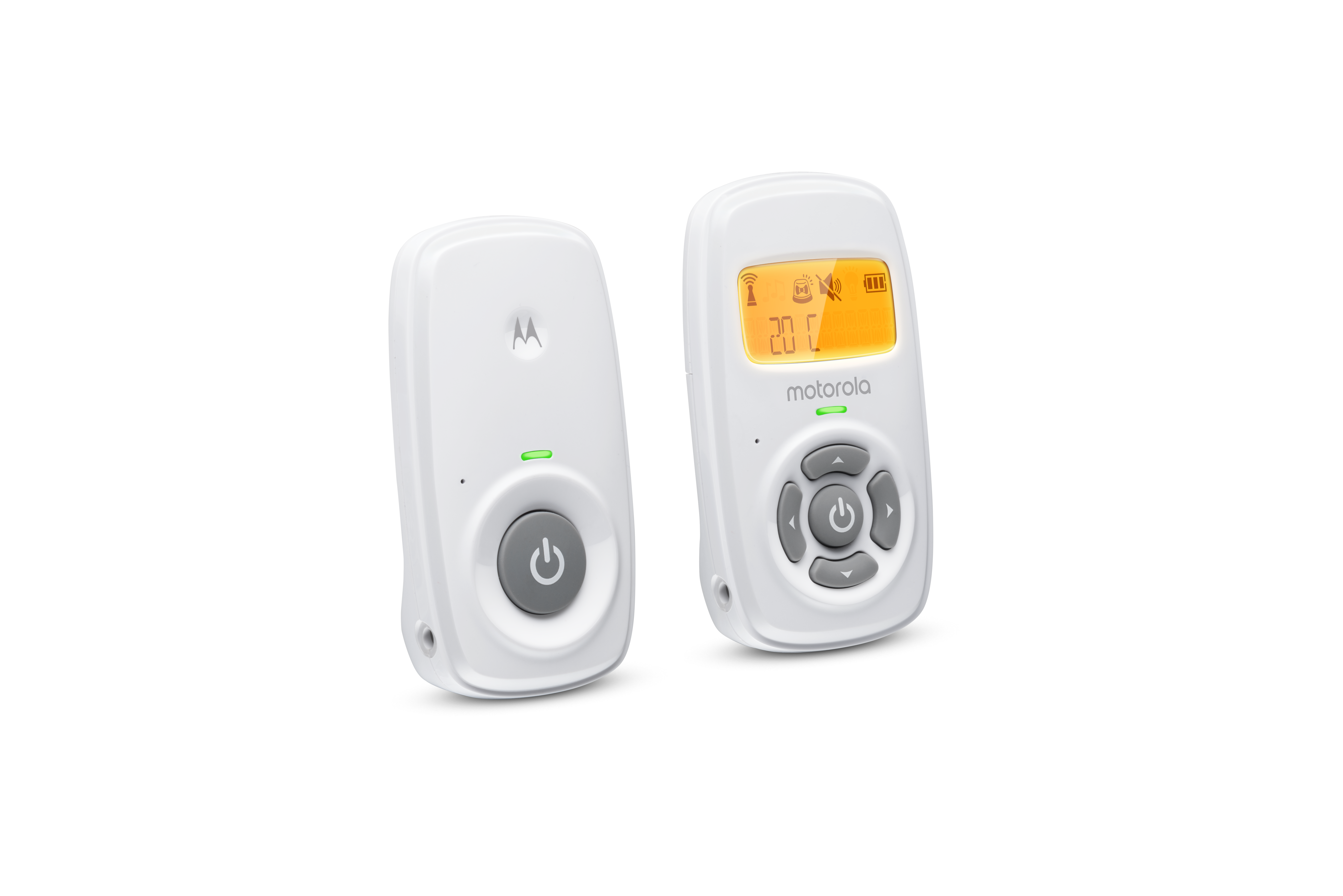 Dwa białe nianie elektroniczne z przyciskiem zasilania i wyświetlaczem.