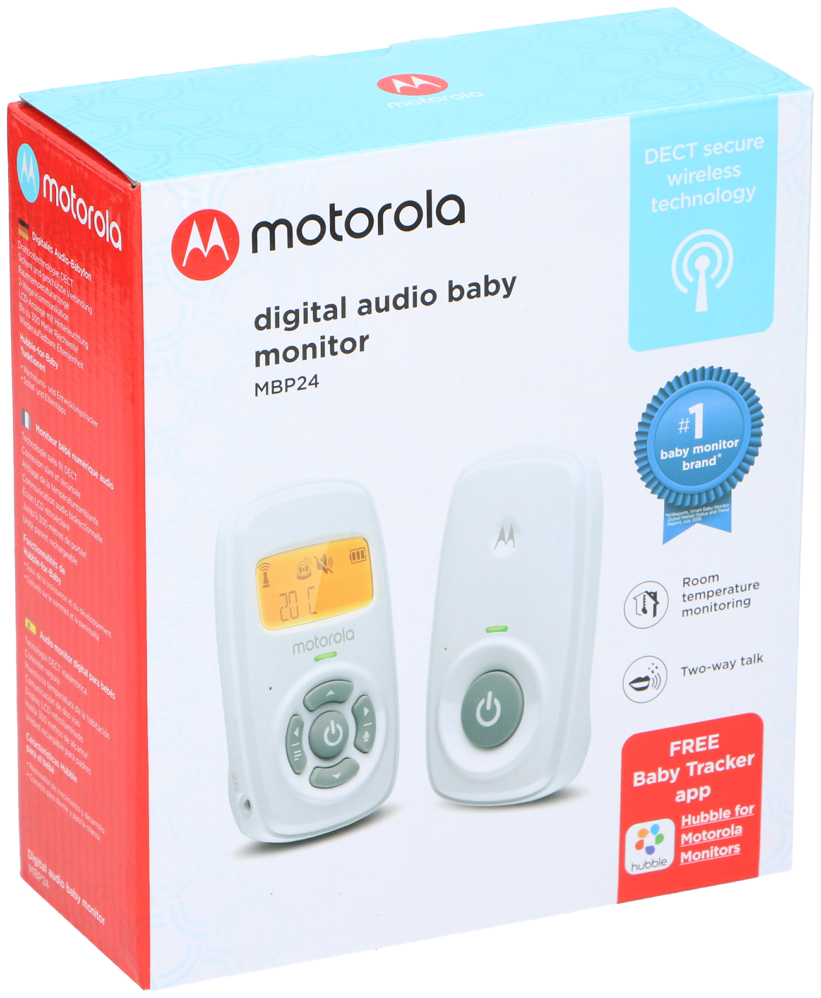 Pudełko niani Motorola, widok z przodu. Wyświetla komponenty, ikony i markę.